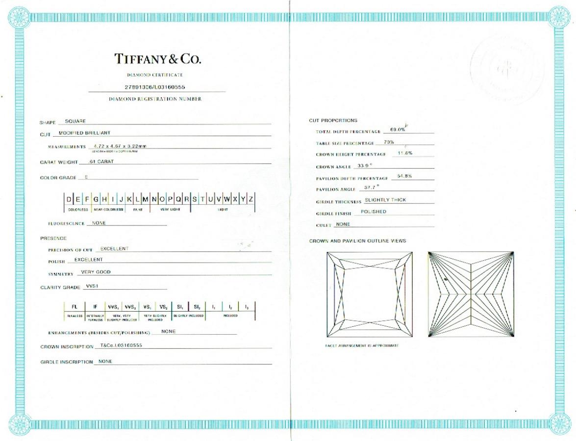 Tiffany & Co. Bague de fiançailles princesse Grace en platine avec diamant 0,76 carat poids total E VVS1 Unisexe en vente