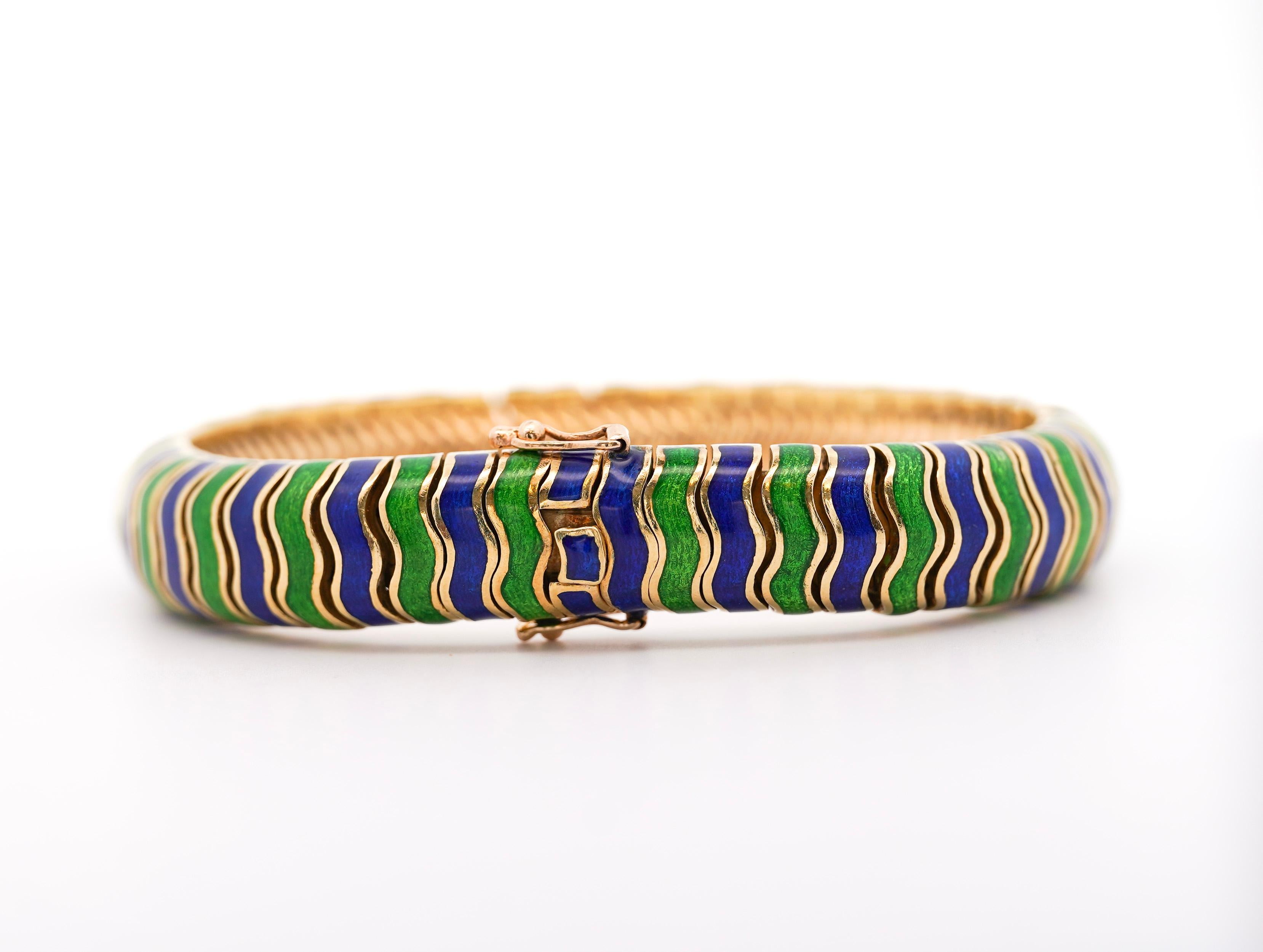 Tiffany & Co Vintage-Armband aus 18 Karat Gelbgold mit grüner und blauer Emaille (Art déco) im Angebot