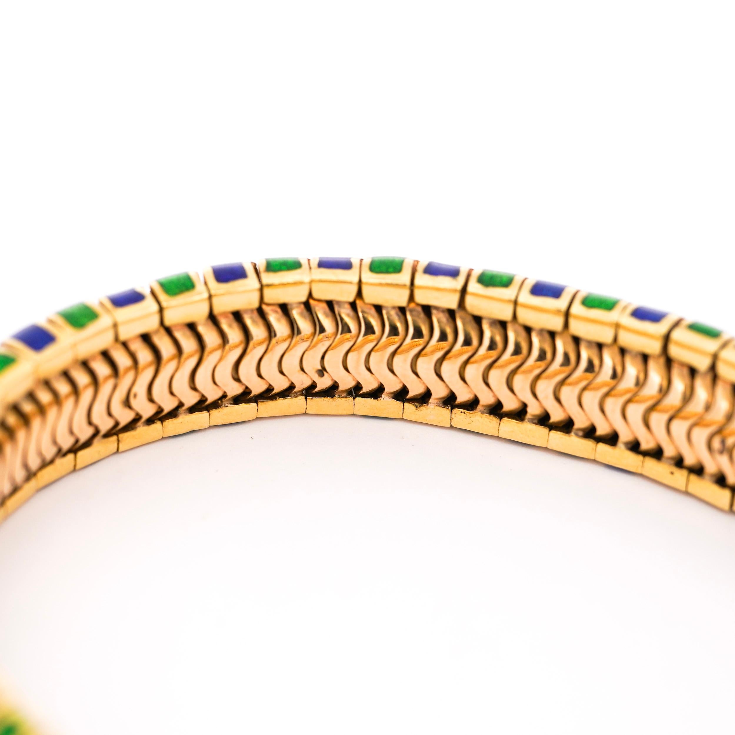 Tiffany & Co Vintage-Armband aus 18 Karat Gelbgold mit grüner und blauer Emaille Damen im Angebot