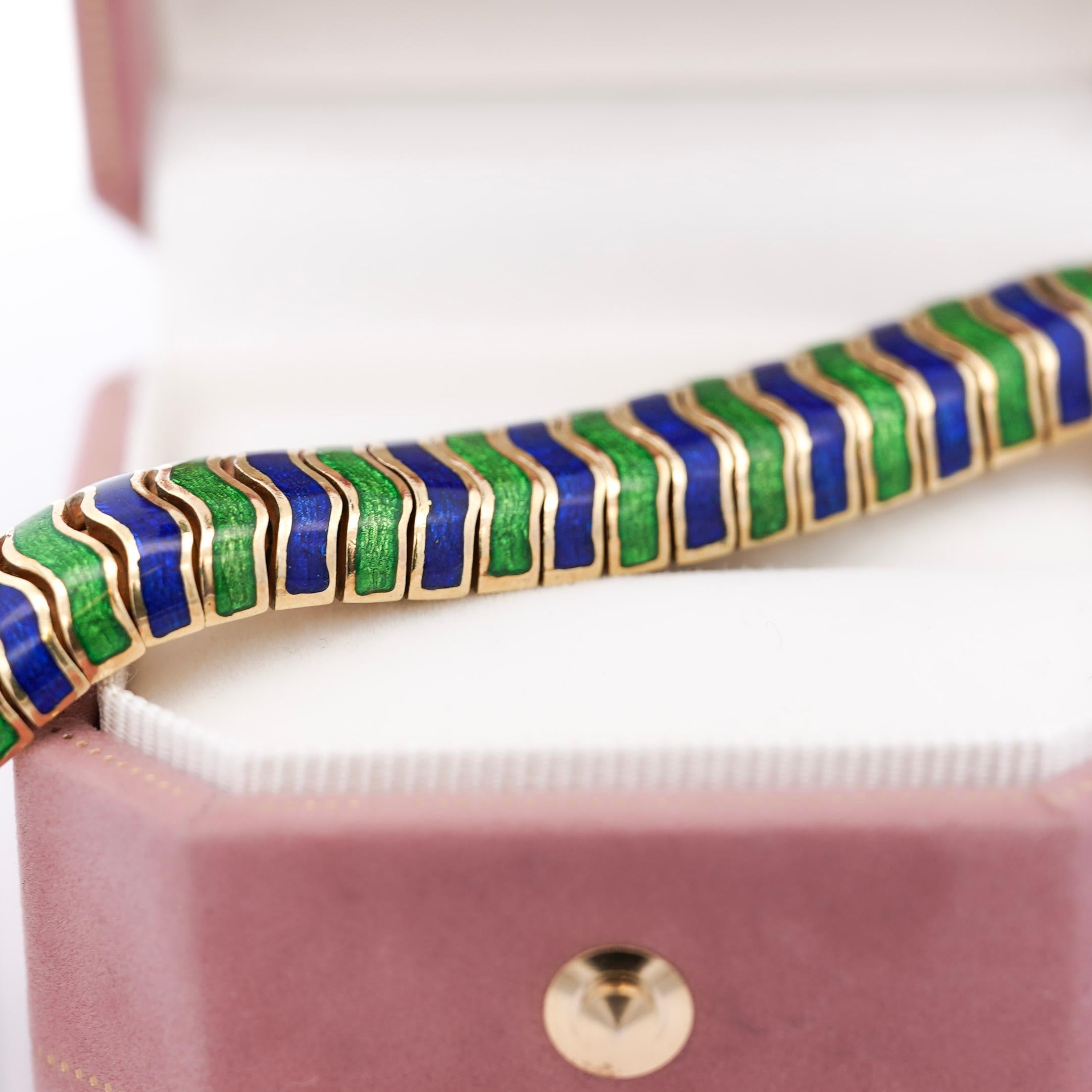 Tiffany & Co Vintage-Armband aus 18 Karat Gelbgold mit grüner und blauer Emaille im Angebot 2