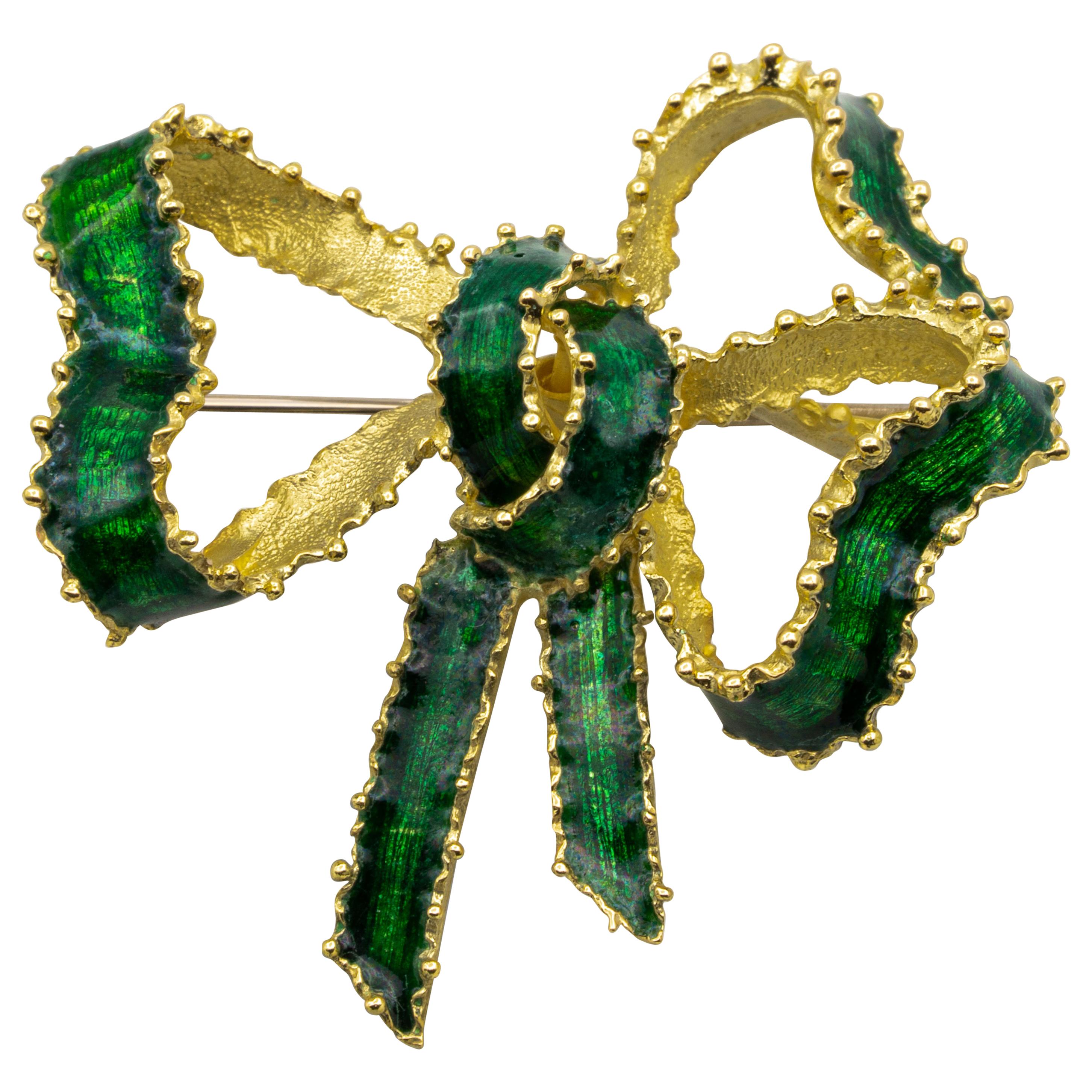 Tiffany & Co. Green Enamel 18 Karat Gold Bow Pin