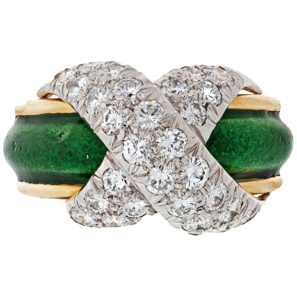 Tiffany & Co. Green Enamel Schlumberger Round Pave X-Diamond Ring