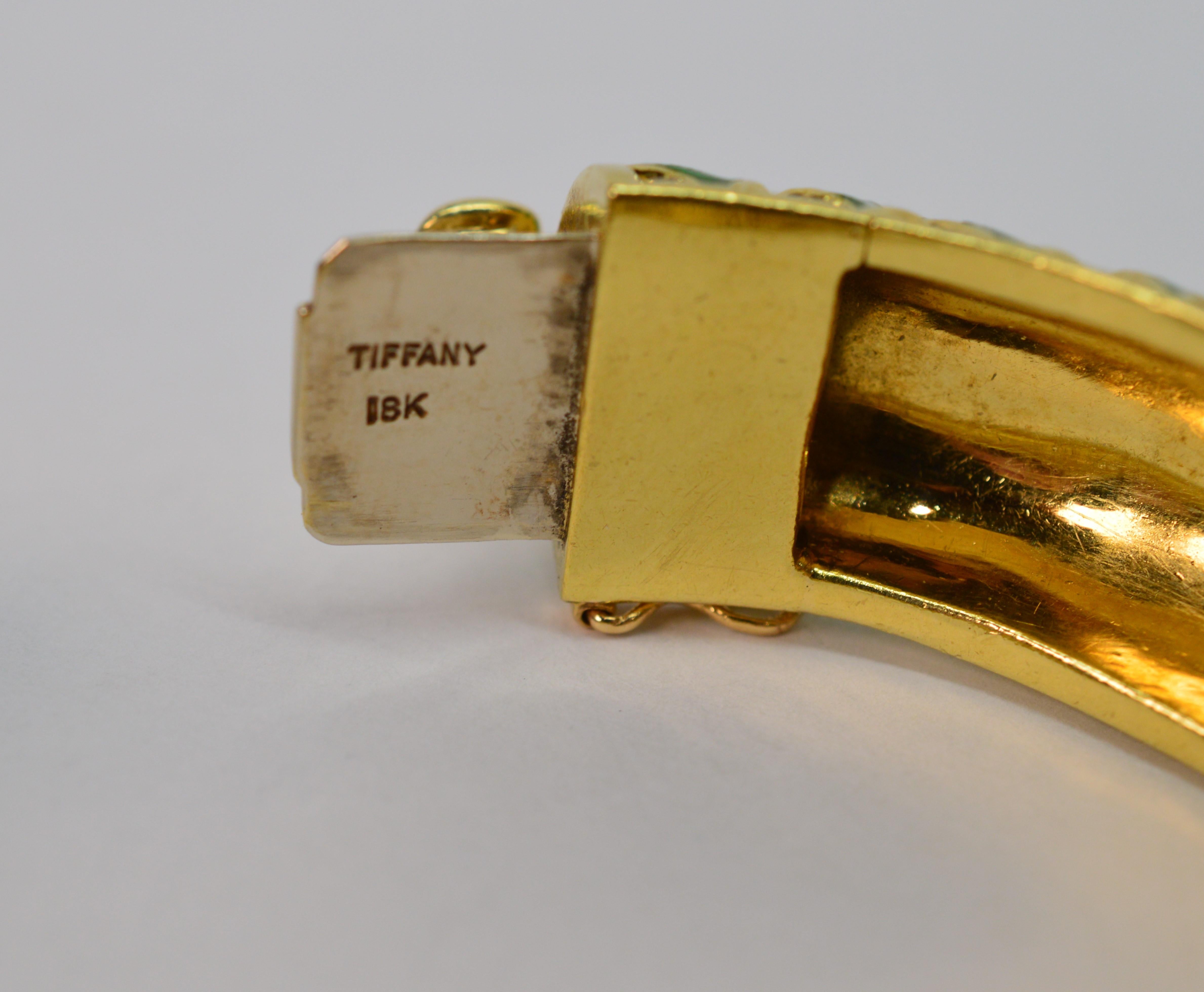 Tiffany & Co. Green Enamel Yellow Gold Basket Weave Bangle Bracelet 5