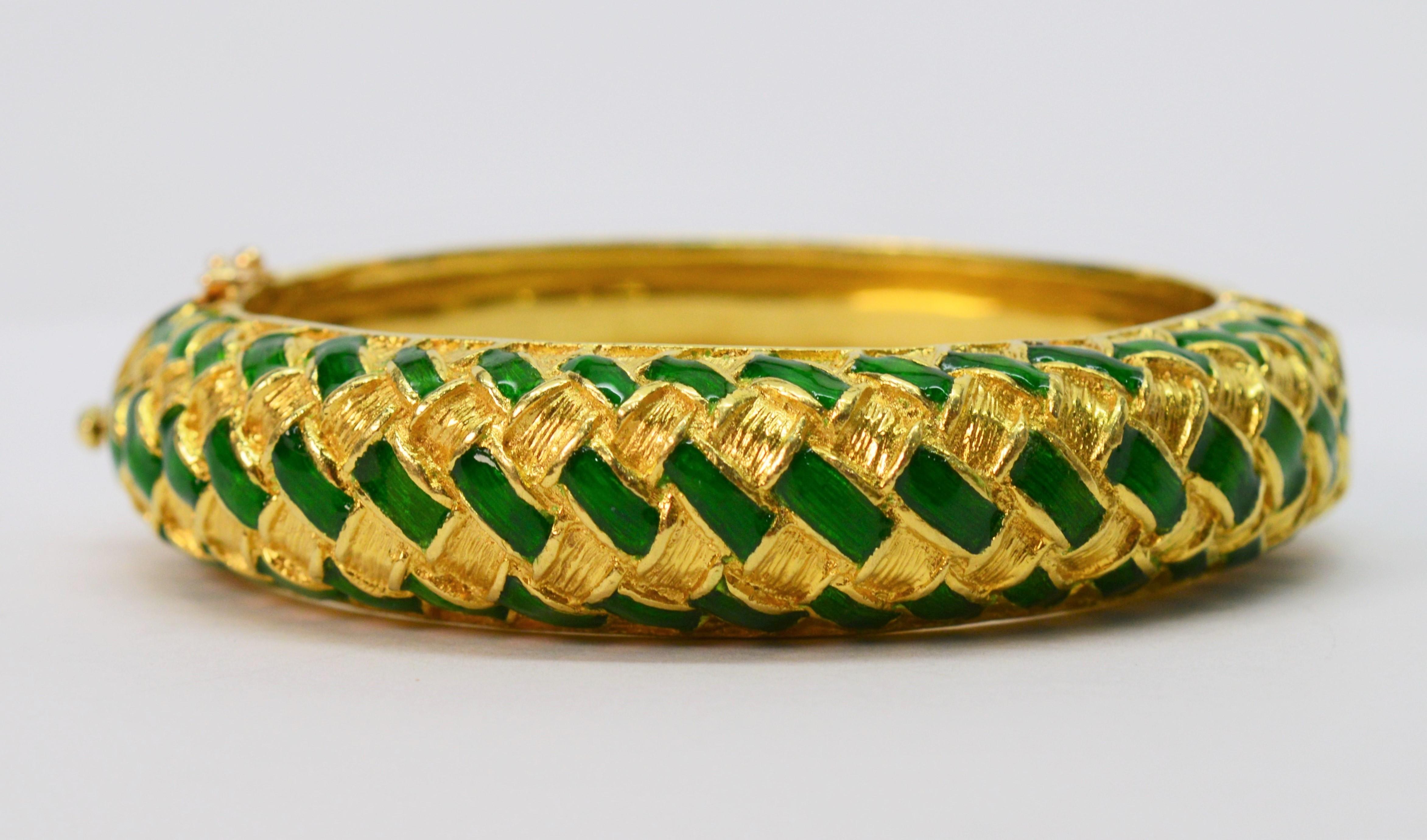 Tiffany & Co. Green Enamel Yellow Gold Basket Weave Bangle Bracelet 6