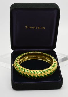 Tiffany & Co. Green Enamel Yellow Gold Basket Weave Bangle Bracelet
