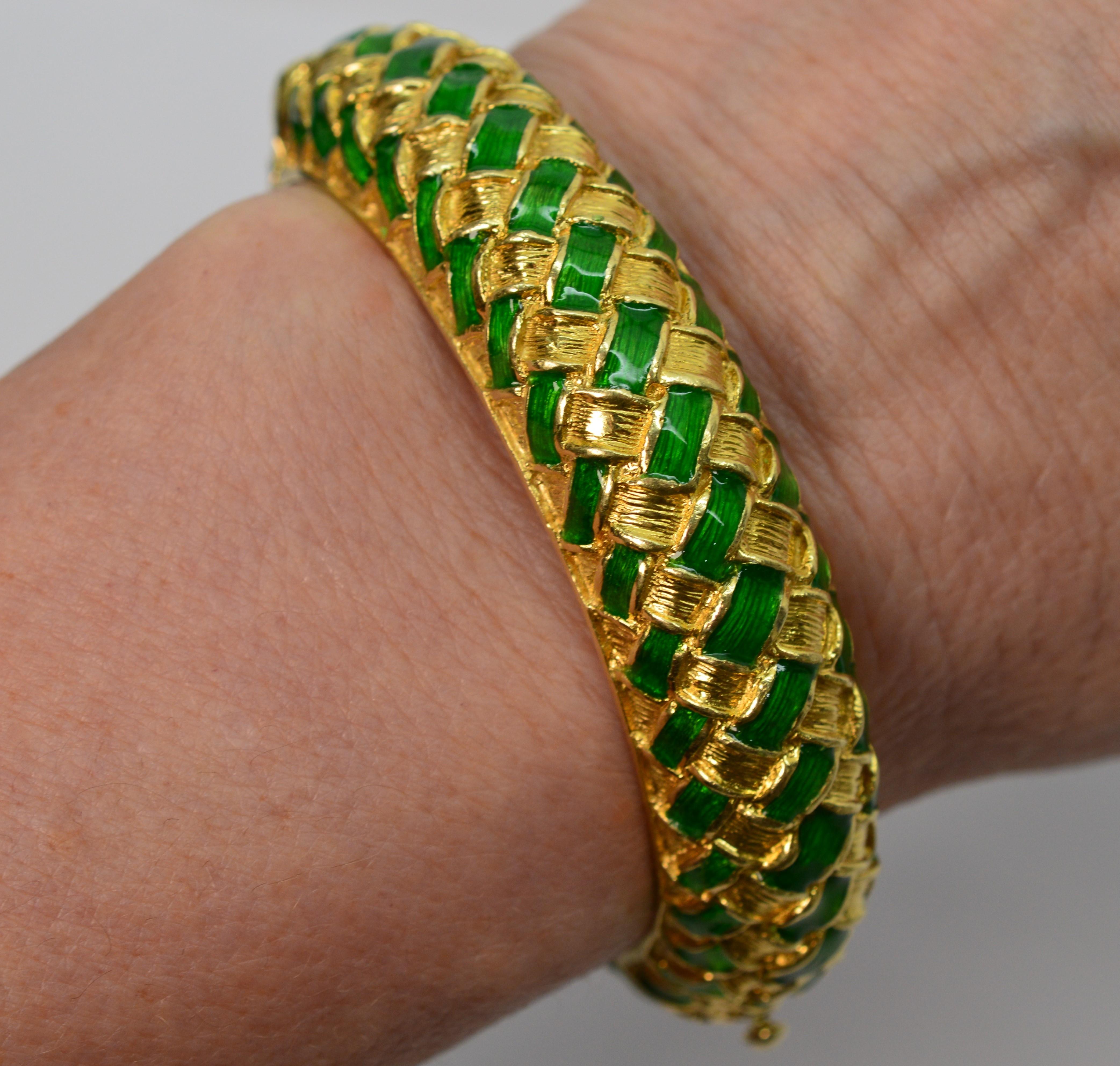 Women's Tiffany & Co. Green Enamel Yellow Gold Basket Weave Bangle Bracelet