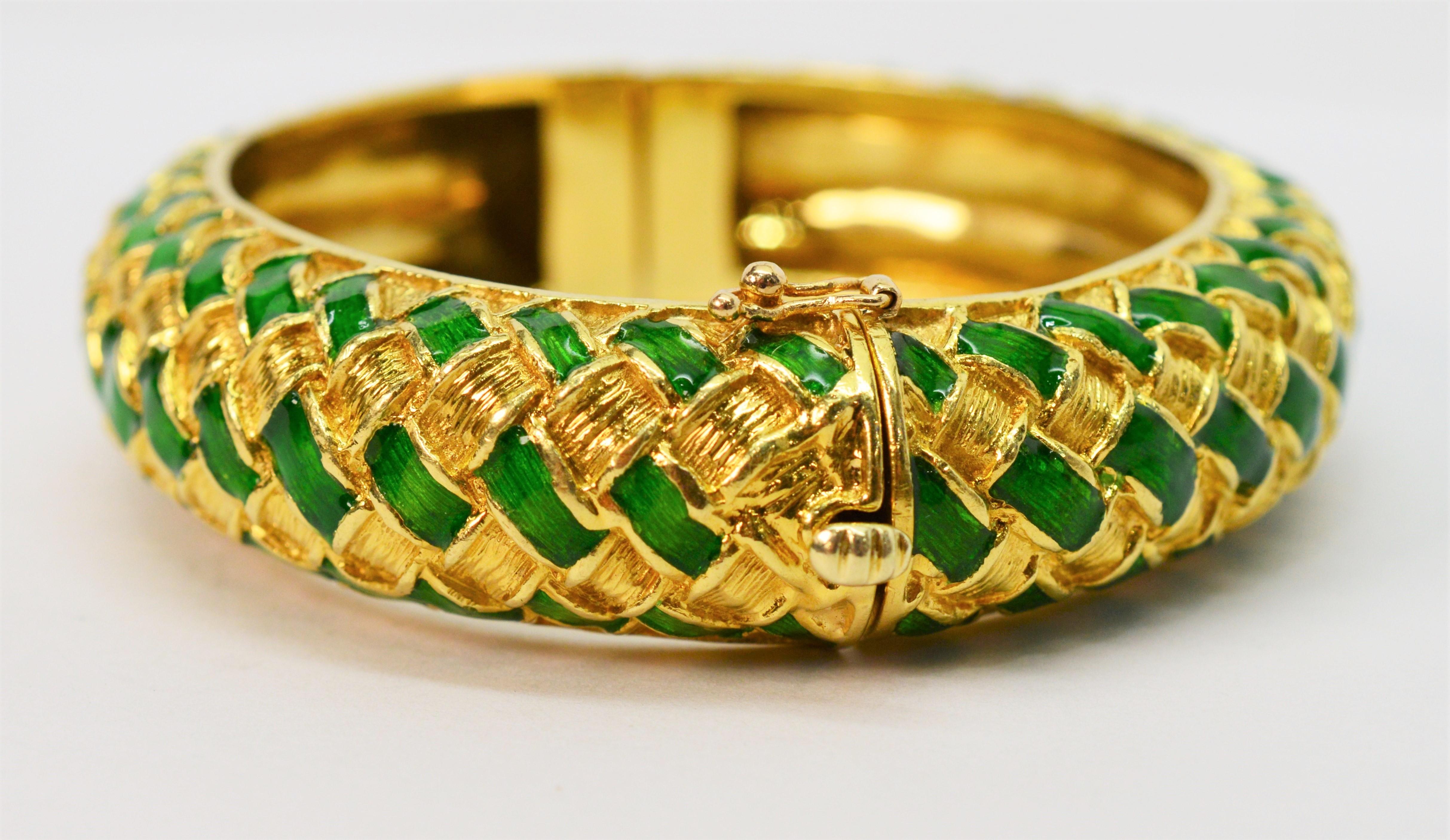 Tiffany & Co. Green Enamel Yellow Gold Basket Weave Bangle Bracelet 1