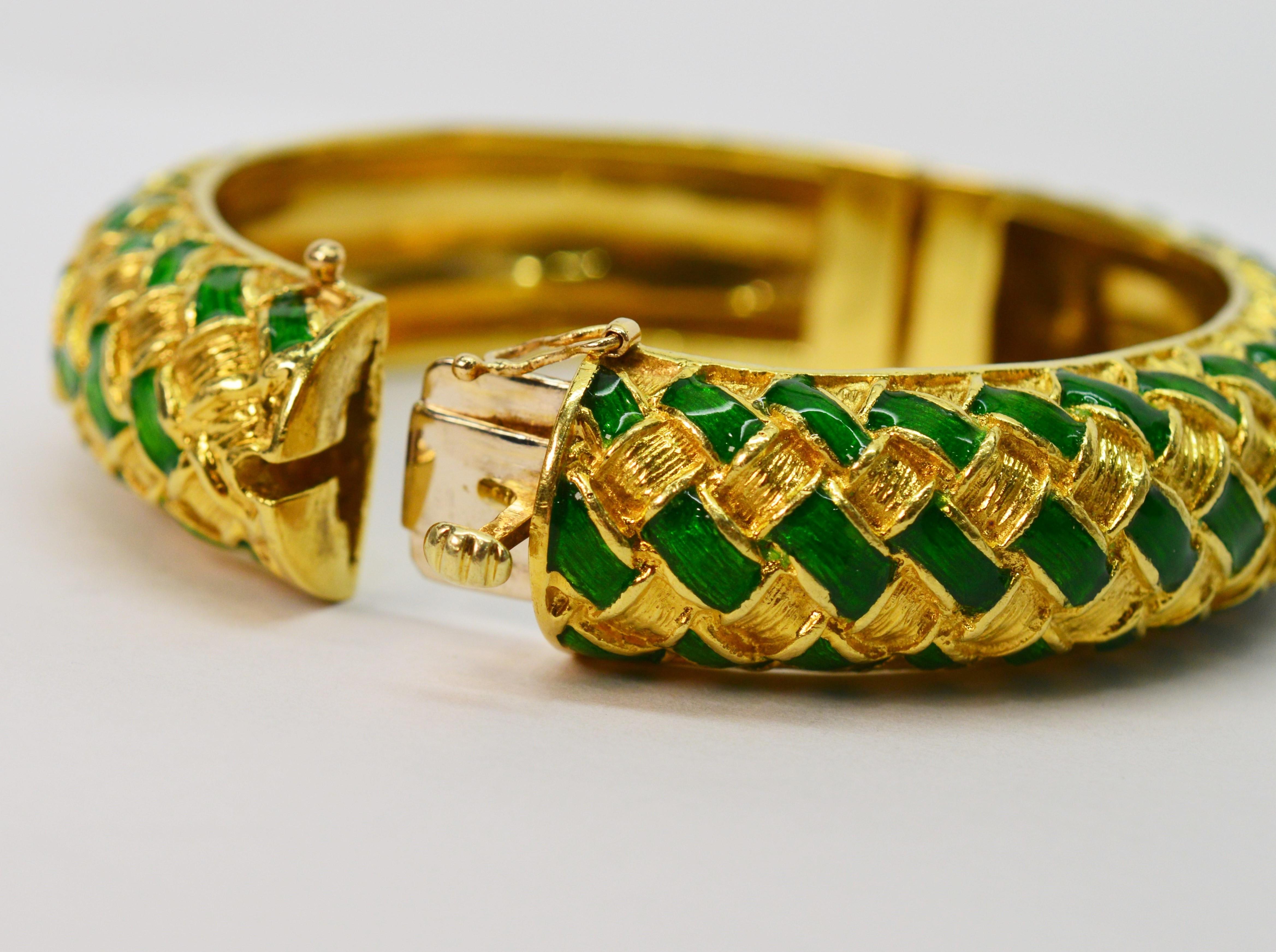 Tiffany & Co. Green Enamel Yellow Gold Basket Weave Bangle Bracelet 2