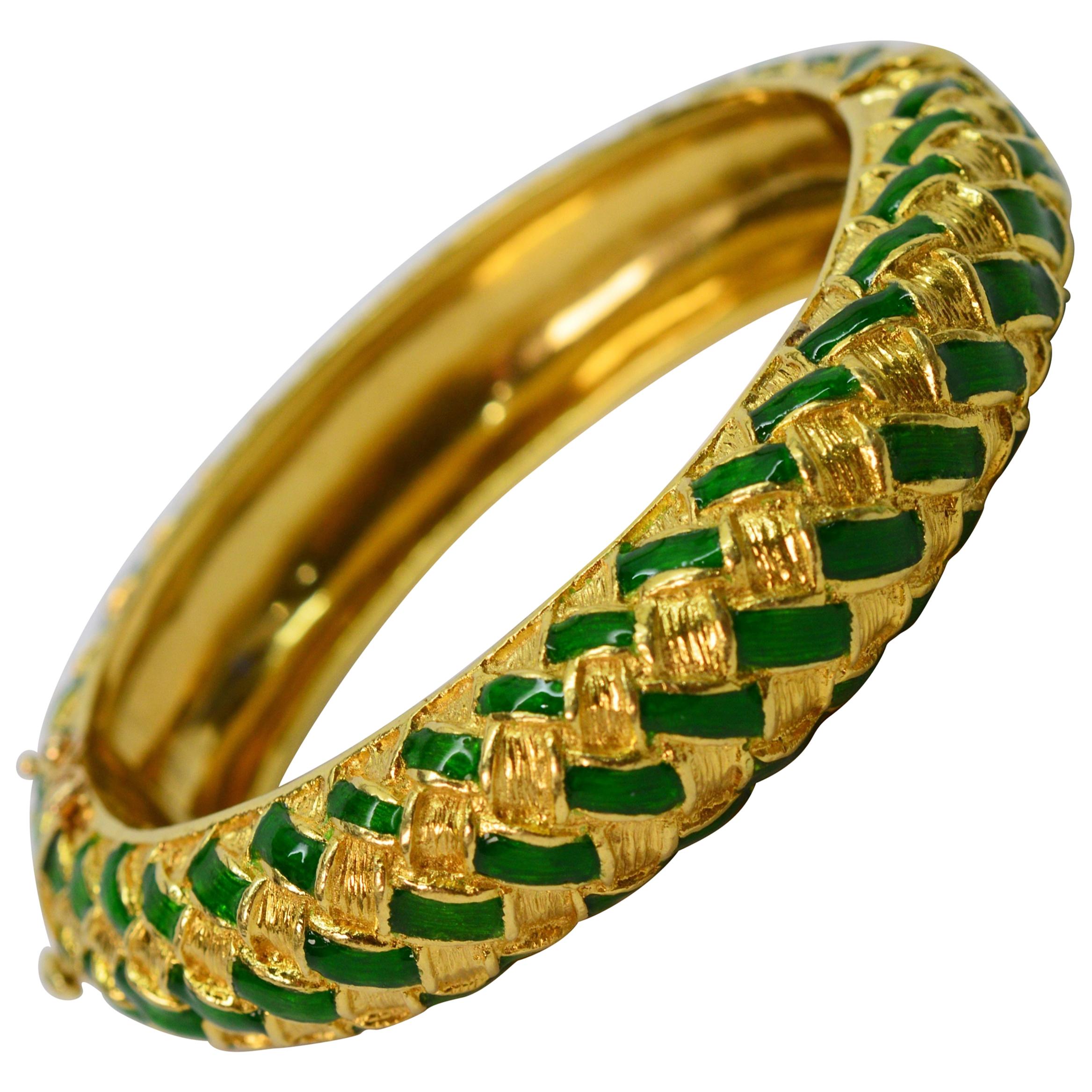 Tiffany 
Co. Green Enamel Yellow Gold Basket Weave Bangle Bracelet