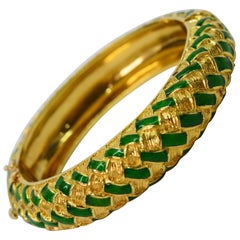 Tiffany & Co. Green Enamel Yellow Gold Basket Weave Bangle Bracelet