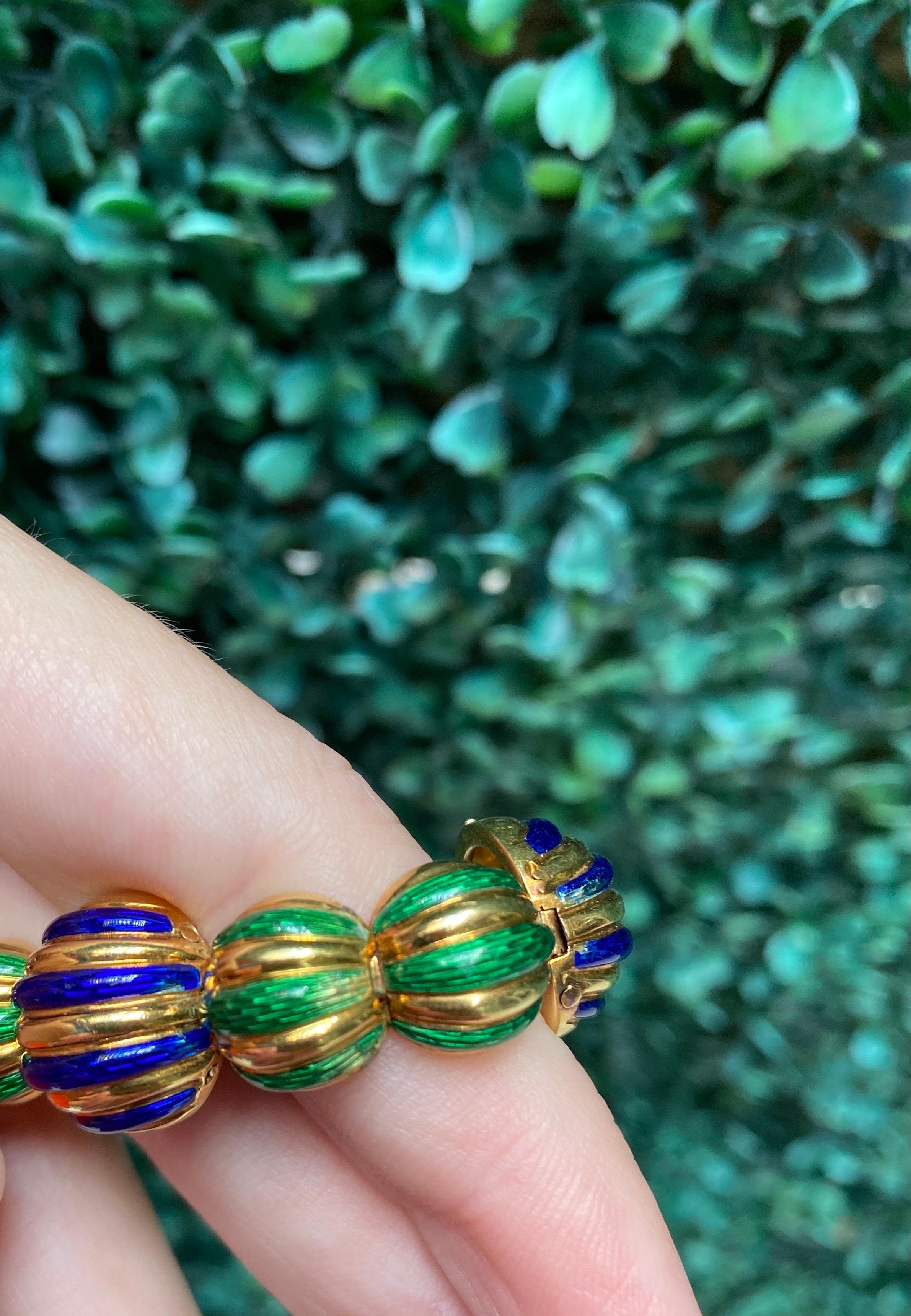 Tiffany & Co. Green & Purple Enamel 18 Karat Yellow Gold Link Bracelet For Sale 4