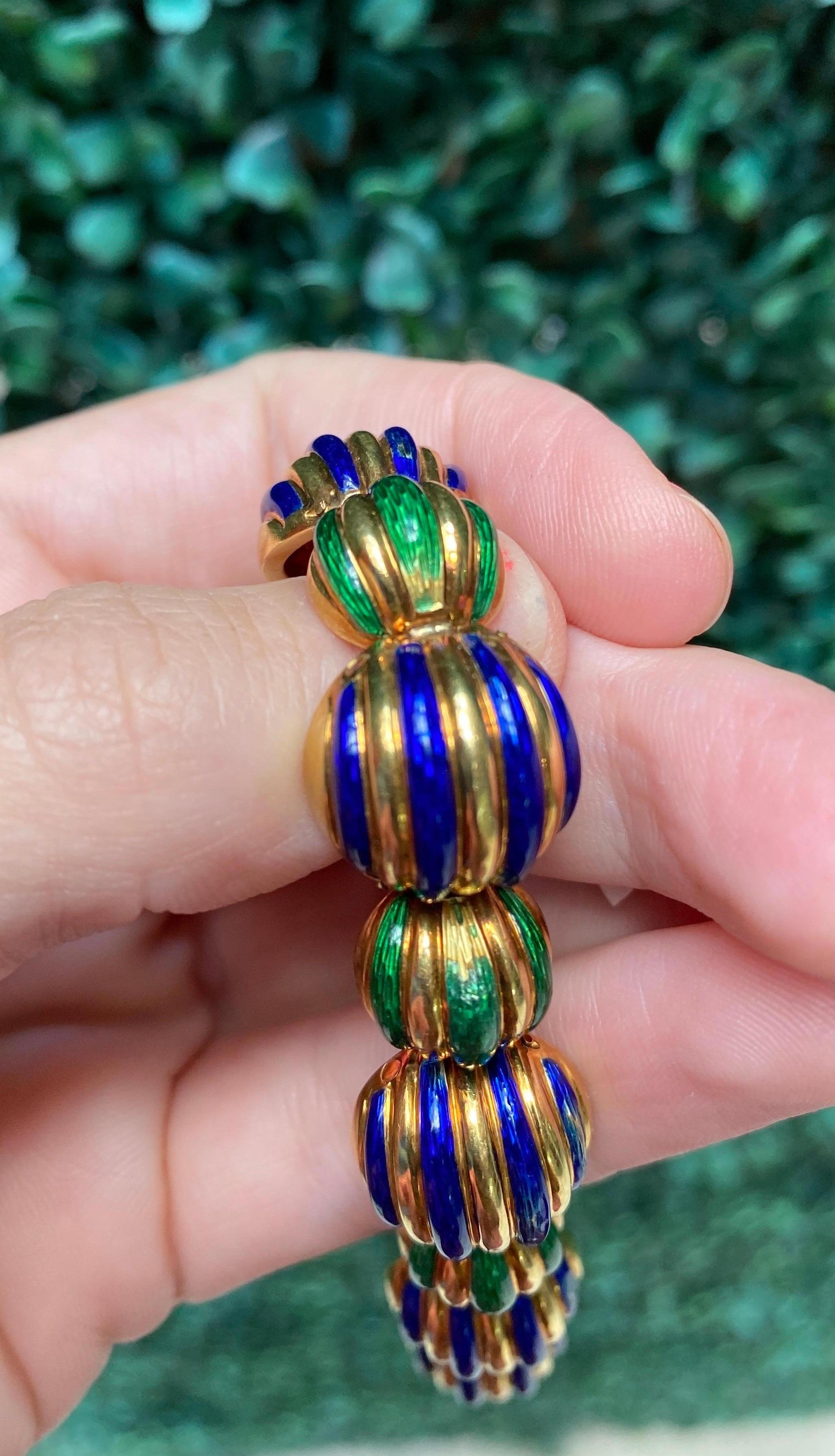 Tiffany & Co. Green & Purple Enamel 18 Karat Yellow Gold Link Bracelet For Sale 5