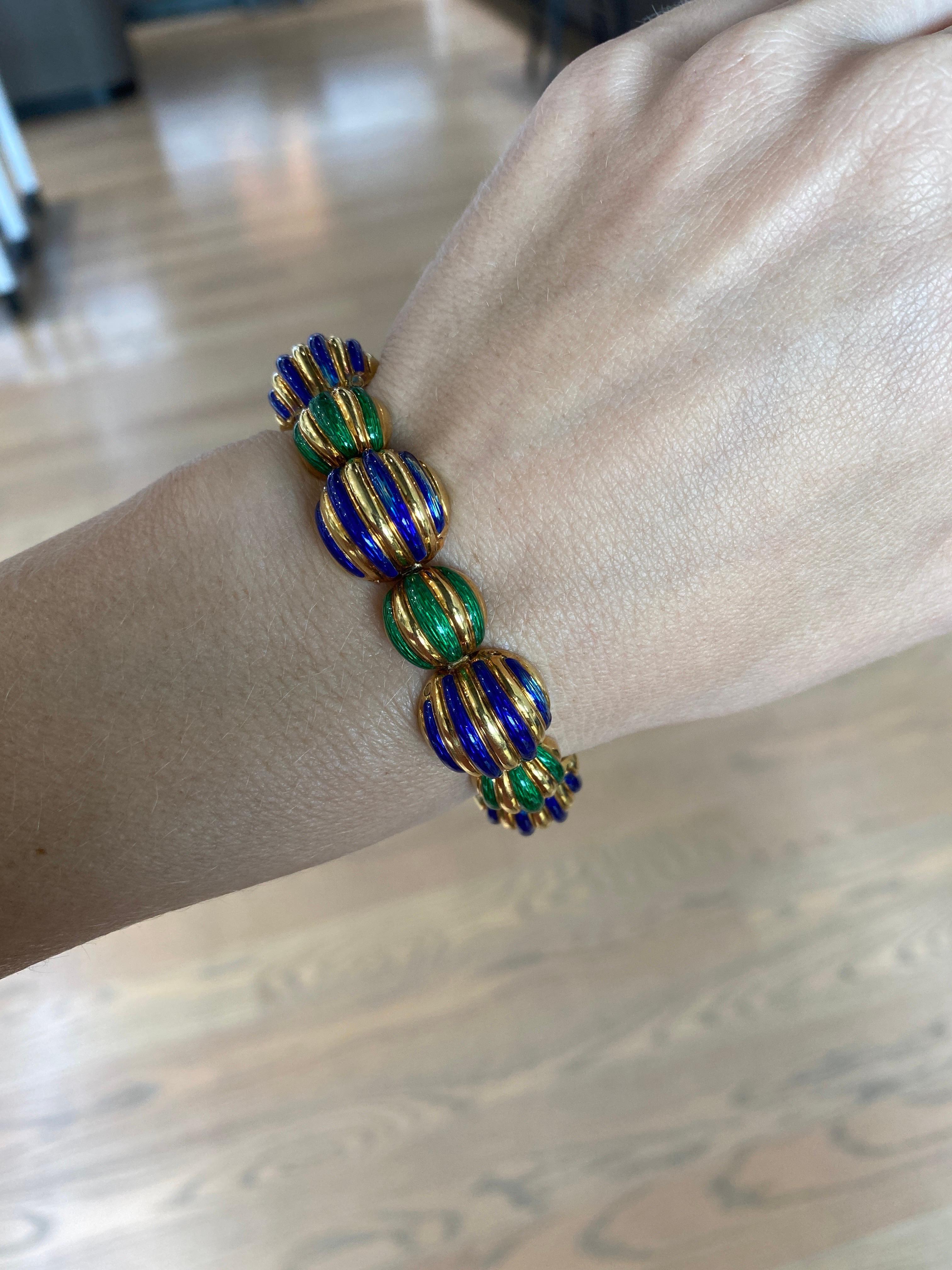 Tiffany & Co. Green & Purple Enamel 18 Karat Yellow Gold Link Bracelet For Sale 2