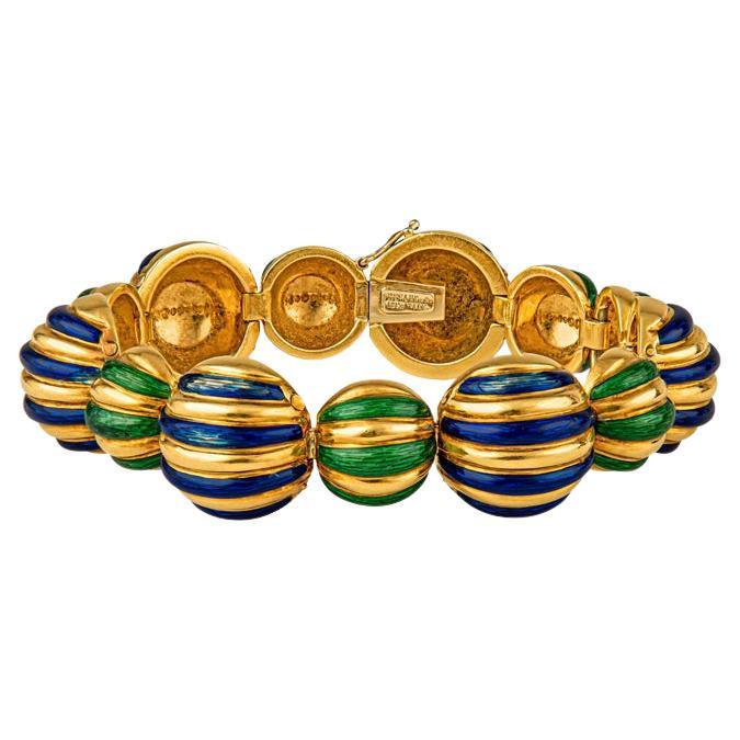 Tiffany & Co. Bracelet à maillons en or jaune 18 carats émaillé vert et violet en vente