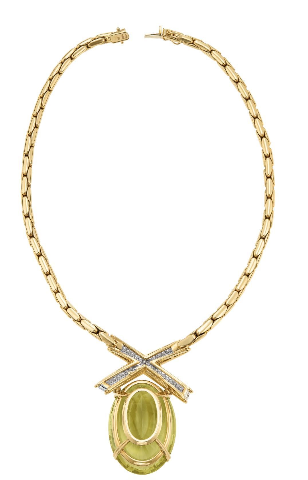 Tiffany & Co. Green Quartz and Diamond Collar Necklace by Paloma Picasso, c. 198 Corte oval en venta