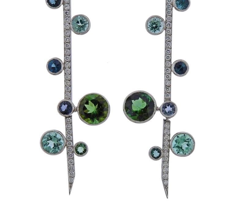 Tiffany and Co Green Tourmaline Diamond Platinum Long Drop Earrings For ...