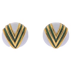 Tiffany & Co Green White Enamel Gold Button Earrings