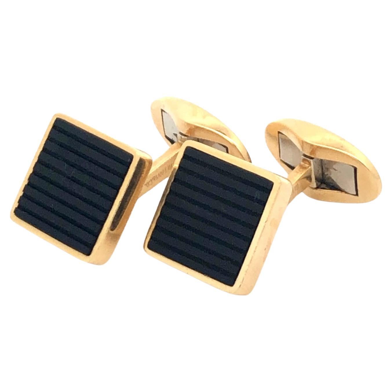 Tiffany & Co. Grooved Onyx Cufflinks 18K Yellow Gold For Sale