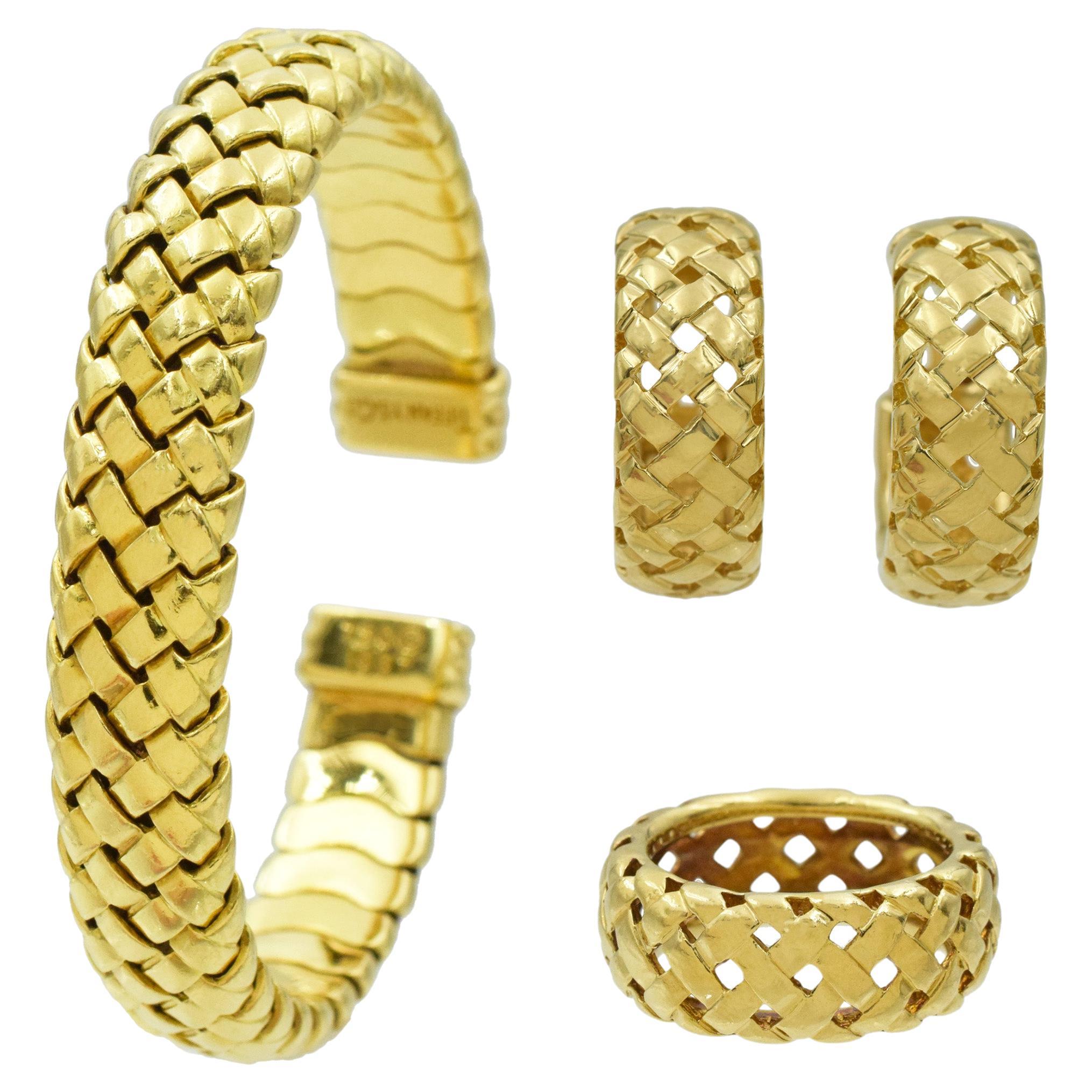 Tiffany & Co. Group of Gold 'Vannerie' Bracelet, Ring, and Earrings Set For Sale