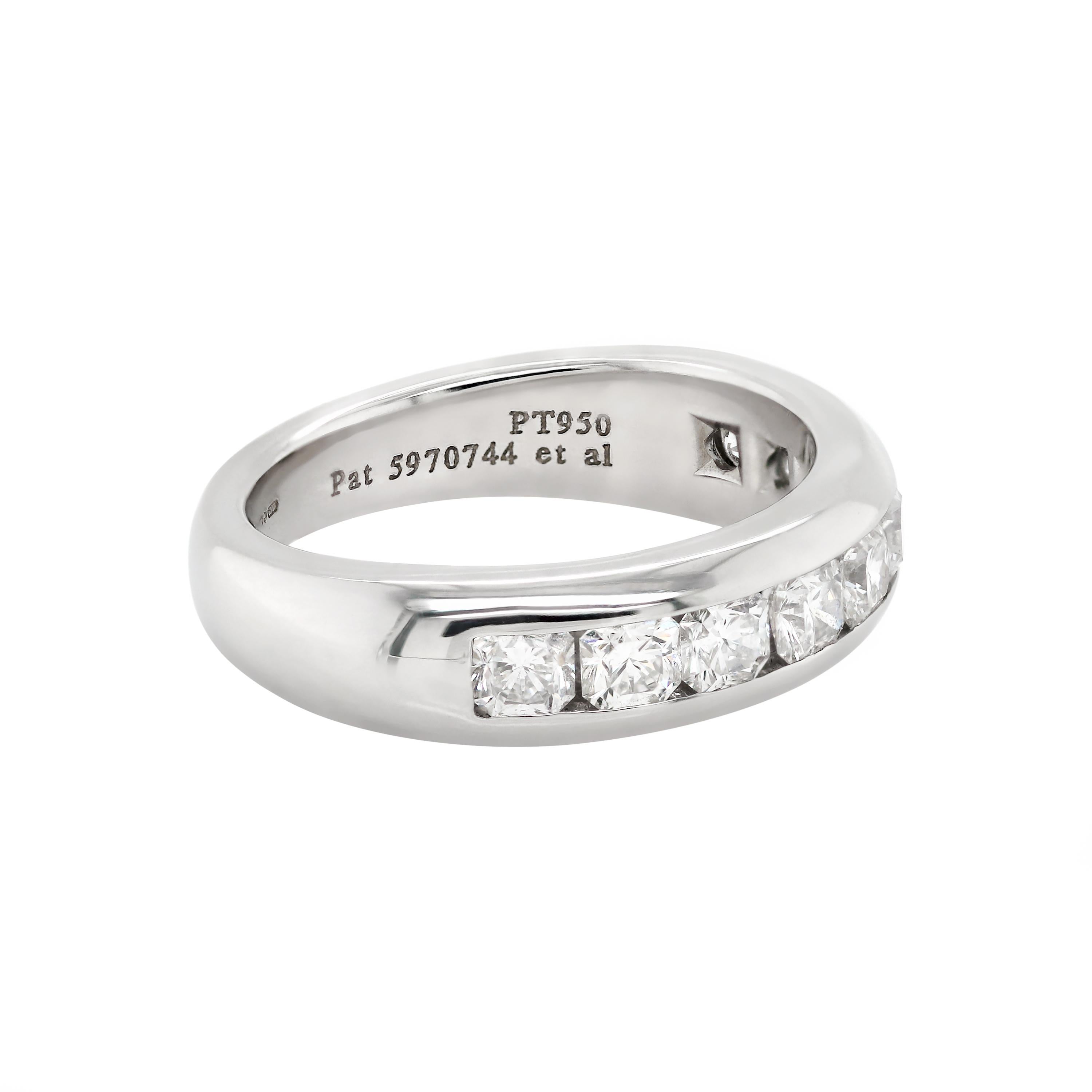 This beautiful half eternity band made by luxury designer, Tiffany & Co. is from their signature Lucida collection. Channel set with 9 Tiffany Lucida cut diamonds, weighing an approximate total weight of 1.00ct are all rub-over set in a 4.8mm