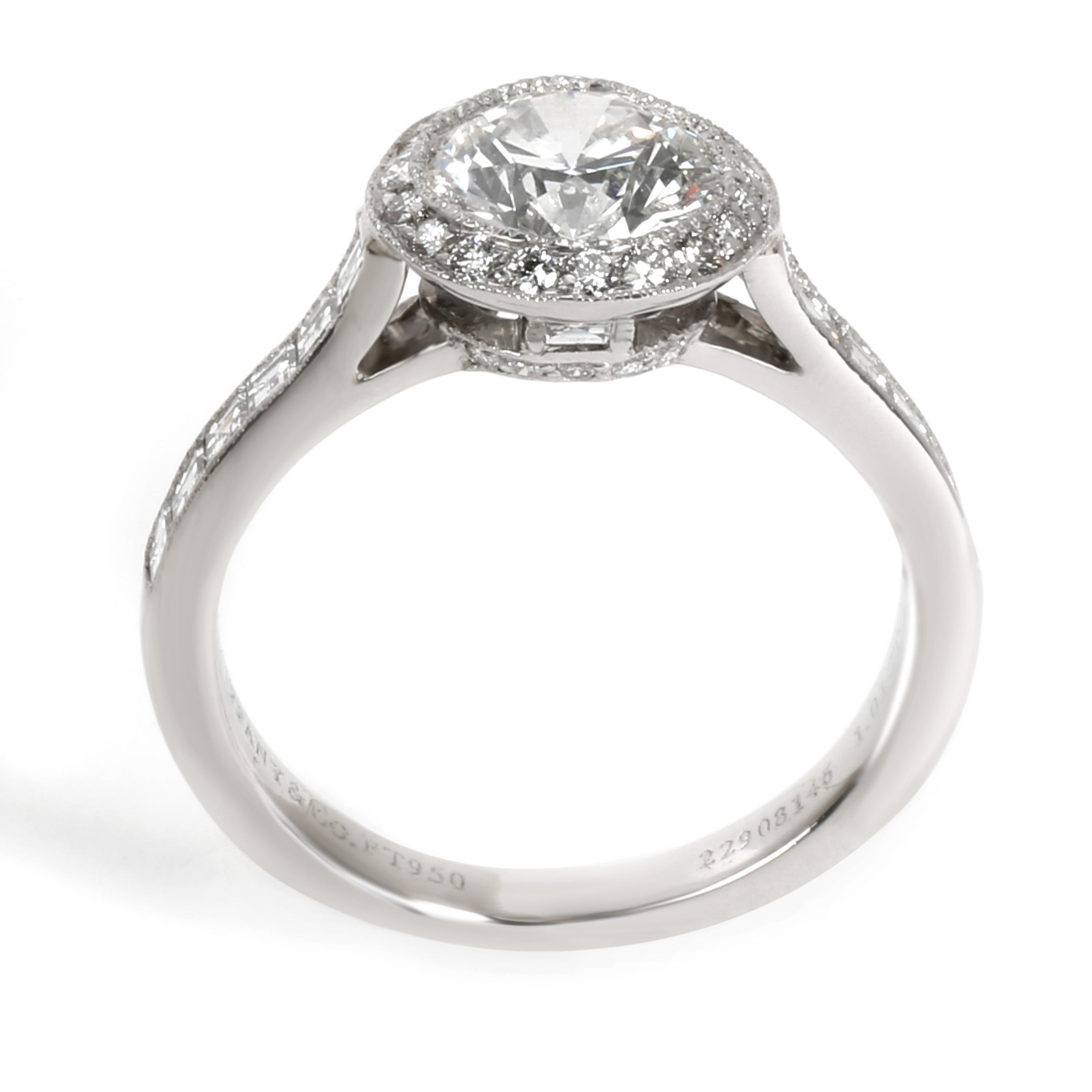 Round Cut Tiffany & Co. Halo Diamond Engagement Ring in Platinum E VVS2 1.51 CTW