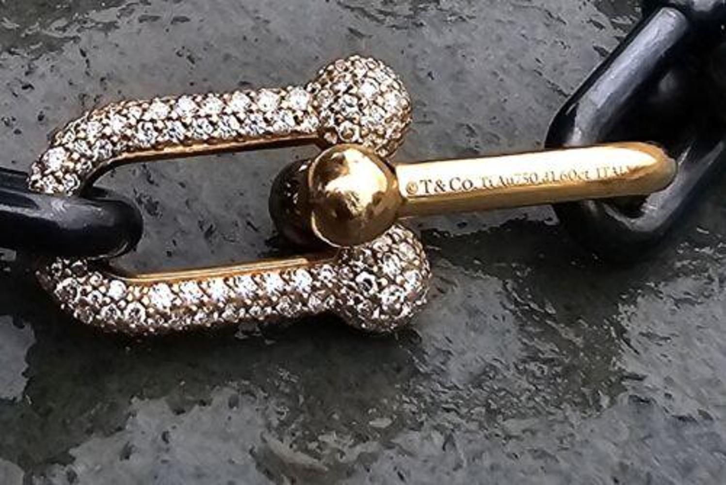 Ajoutez une touche d'élégance à votre collection de bijoux avec cette édition limitée en titane noir Tiffany & Co. Bracelet Hardwear. Fabriqué en or rose 18 carats, son design en forme de chaîne est orné de magnifiques diamants qui ajoutent à son