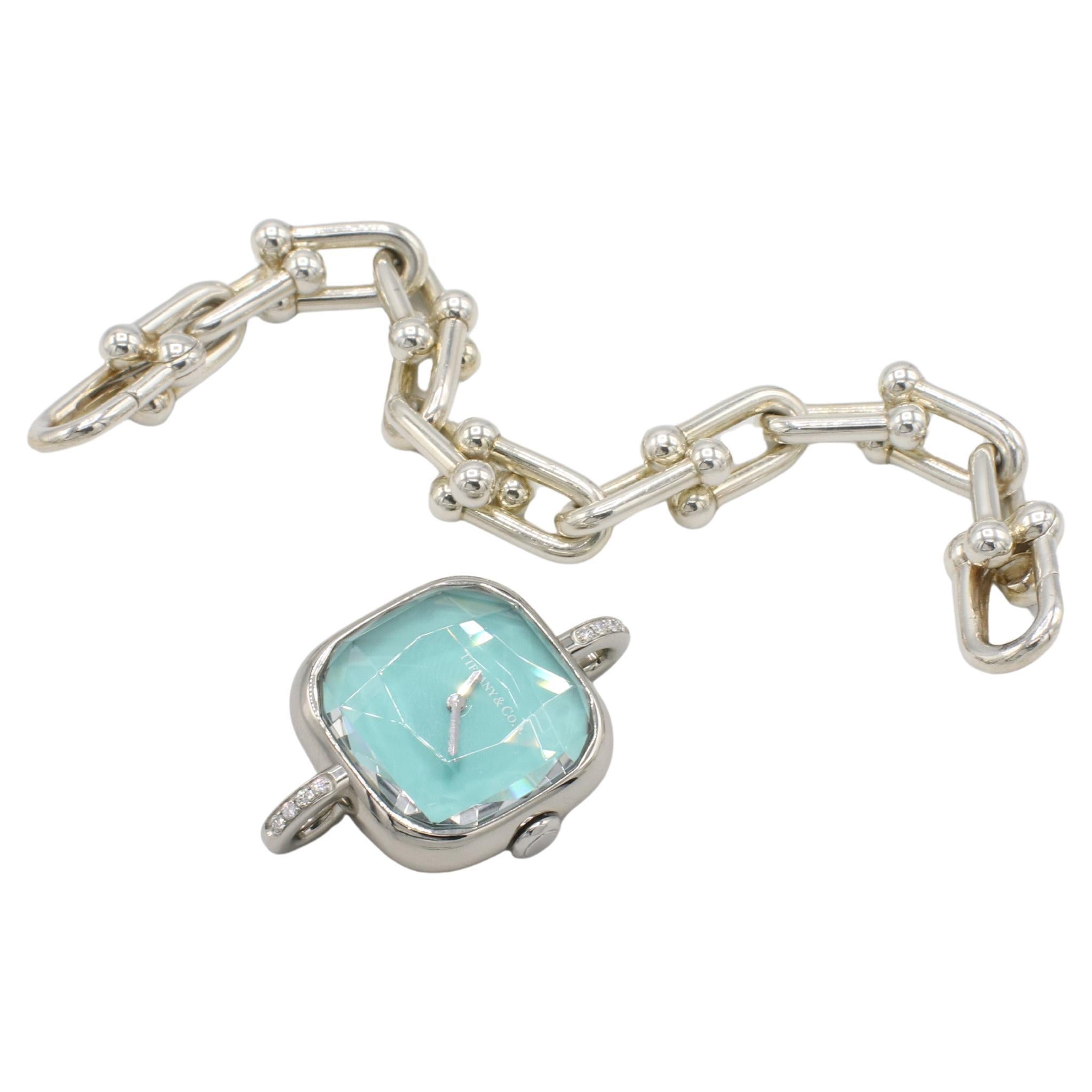 Tiffany & Co. HardWare Link Pulsera de reloj de acero con diamantes naturales y plata de ley Corte redondo en venta