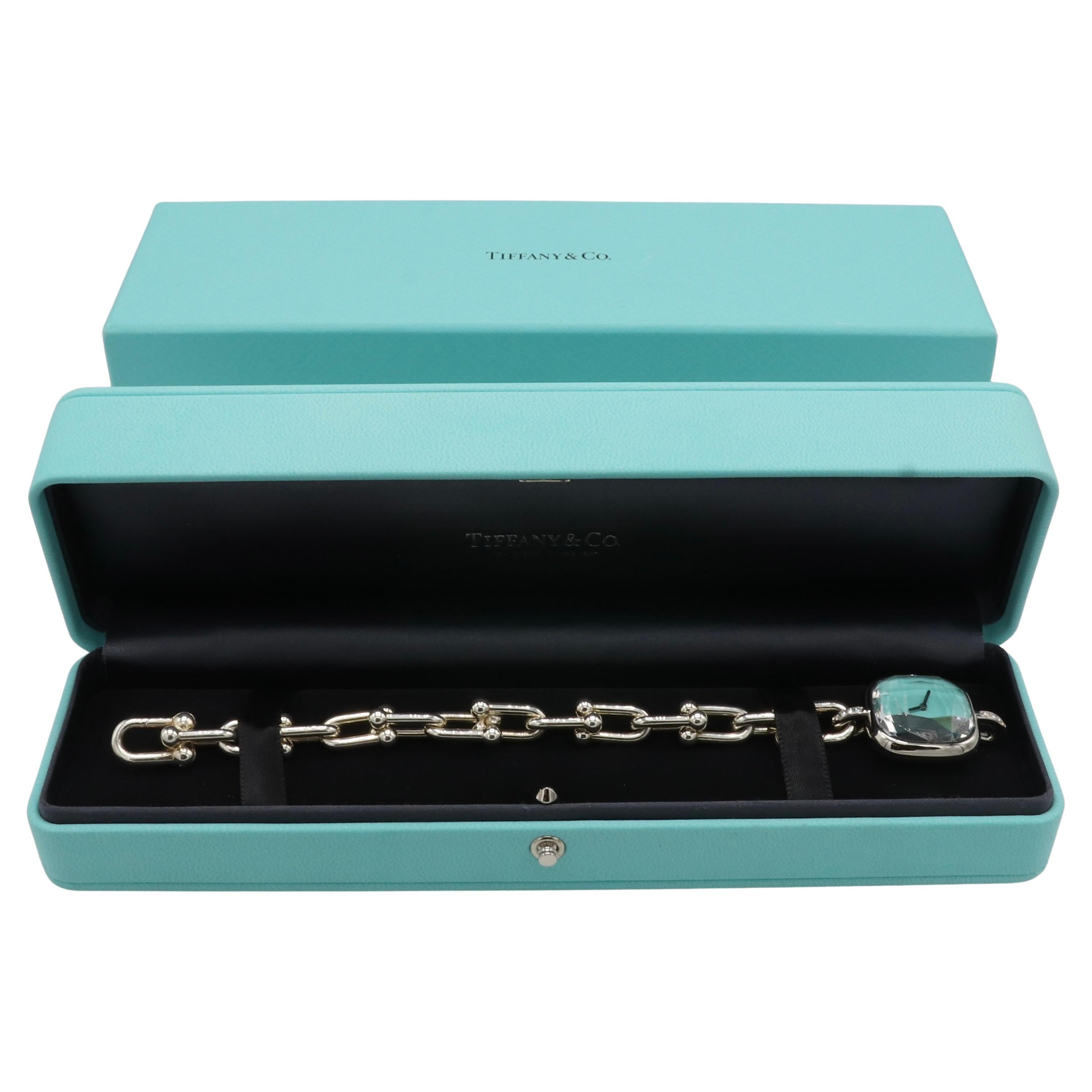 Tiffany & Co. HardWare Link Pulsera de reloj de acero con diamantes naturales y plata de ley en venta 1
