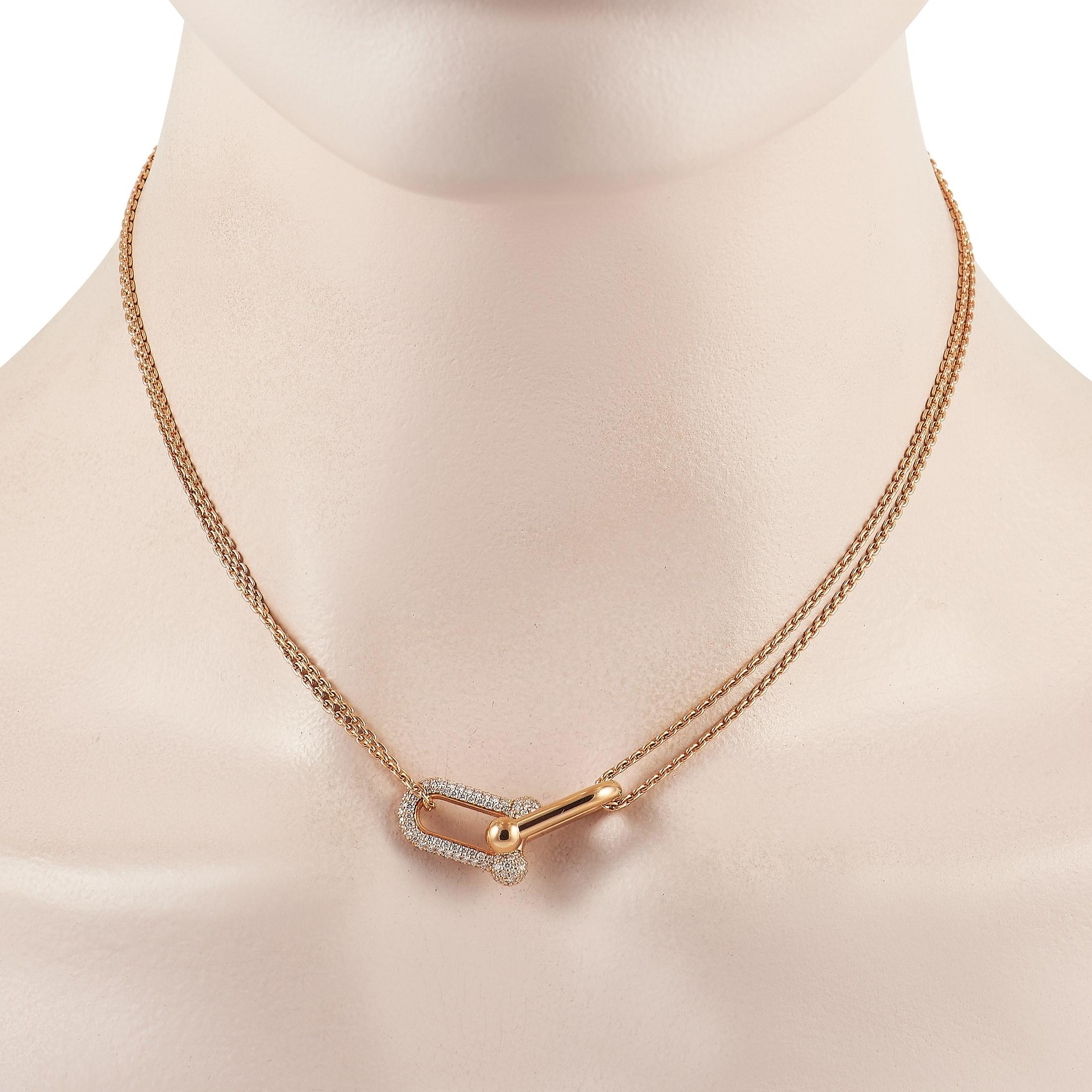 Like all pieces from the Tiffany & Co. HardWear collection, this necklace combines architectural motifs with a feminine design aesthetic. At the center of this piece’s 15” chain, you’ll find a bold gauge link adorned with 0.74 carats of pave