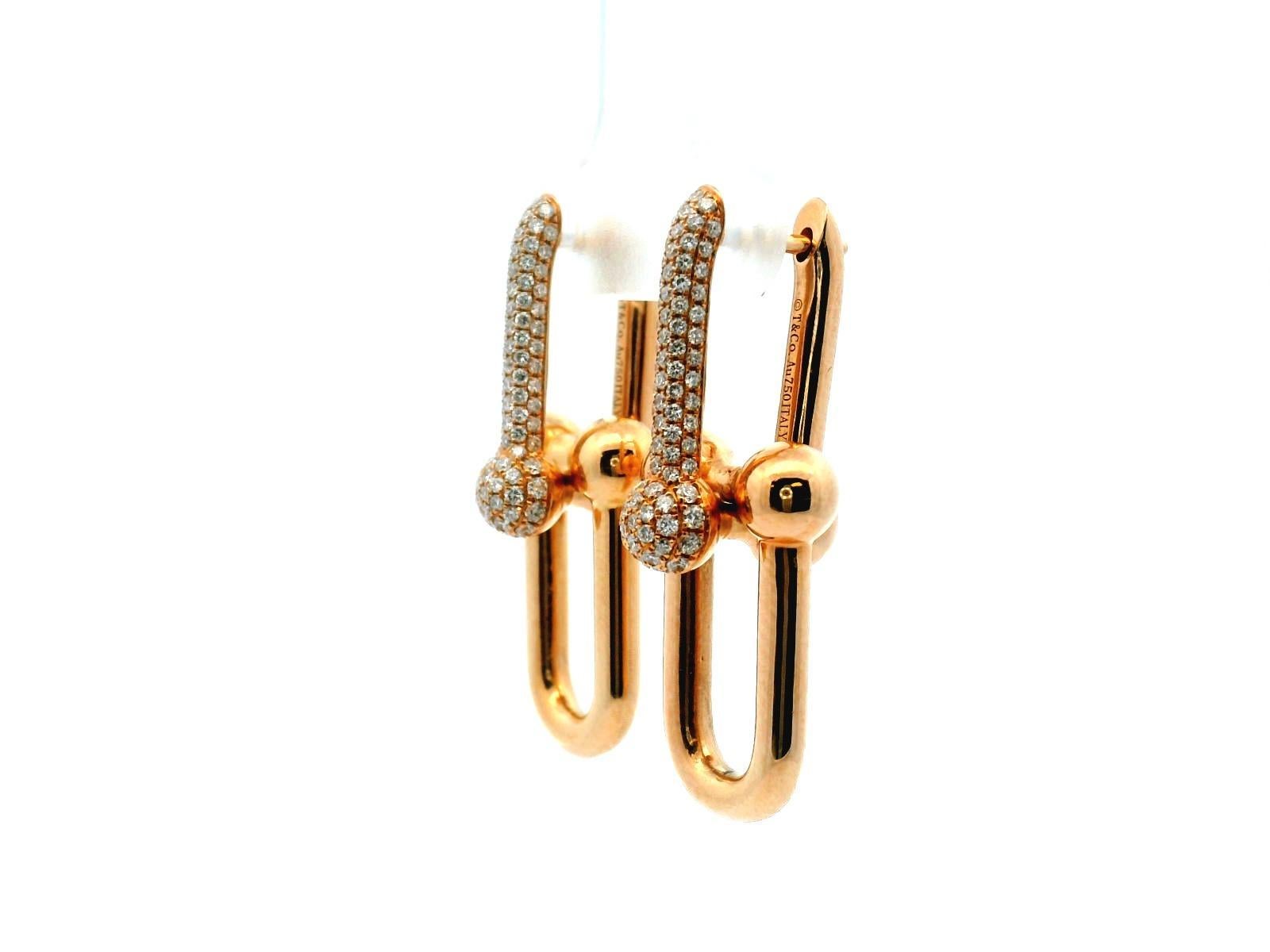 Women's or Men's Tiffany & Co. Hardware Large Link Earrings with Pave Diamonds Rose Gold W/Box For Sale
