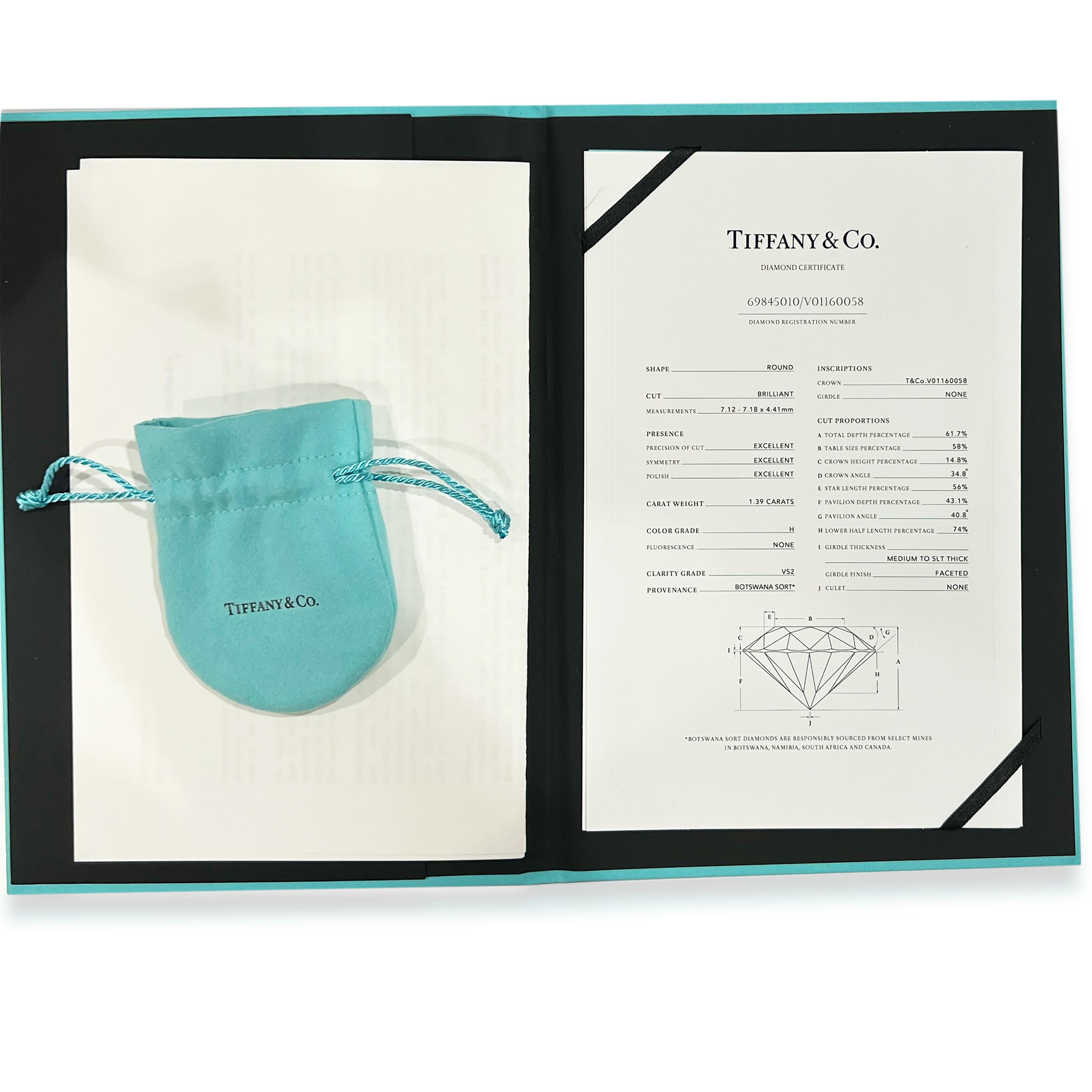 Women's Tiffany & Co. Diamond Engagement Ring in Platinum I VVS2 1.38 CTW For Sale