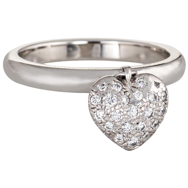 Tiffany and Co. Heart Diamond Charm Ring Estate Platinum Tag Pave Set ...
