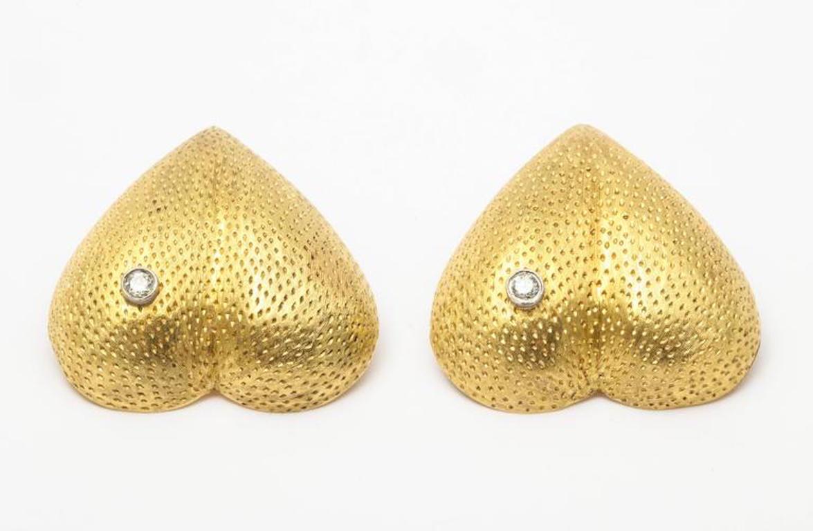 Tiffany & Co. Heart Form Stippled 18 Karat Gold and Diamond Clip Earrings In Good Condition In New York, NY