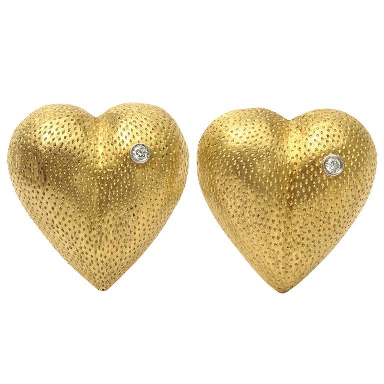 Tiffany & Co. Heart Form Stippled 18 Karat Gold and Diamond Clip Earrings