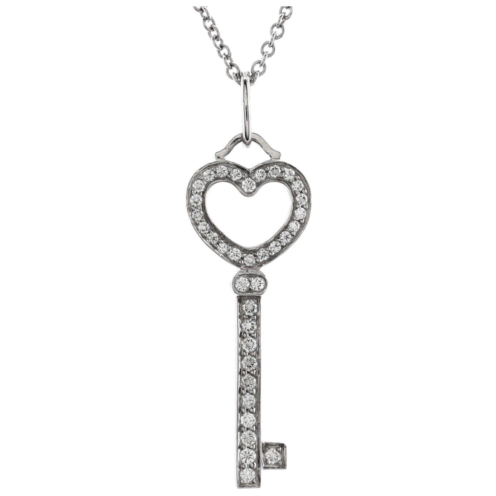 Tiffany & Co. Heart Key Pendant Necklace Platinum and Pave Diamonds Mini