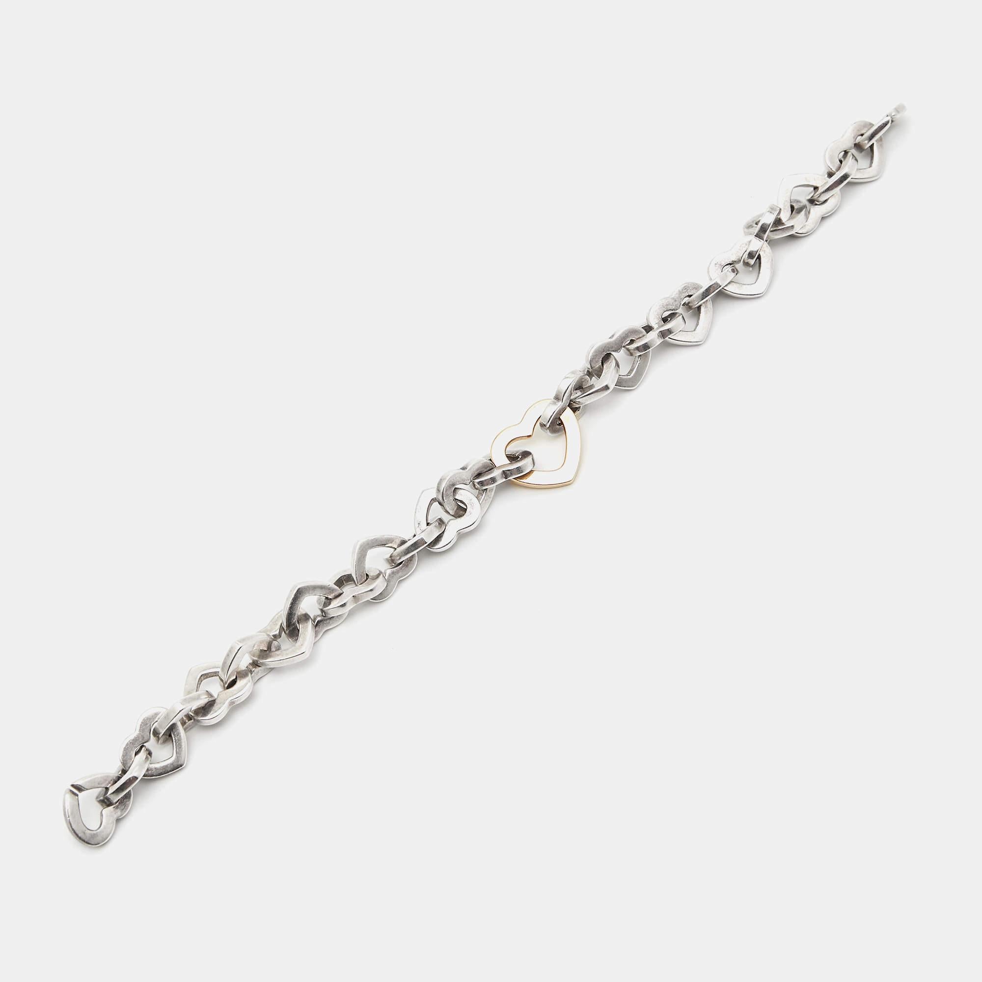 Women's Tiffany & Co. Heart Link Sterling Silver 18k Yellow Gold Bracelet For Sale