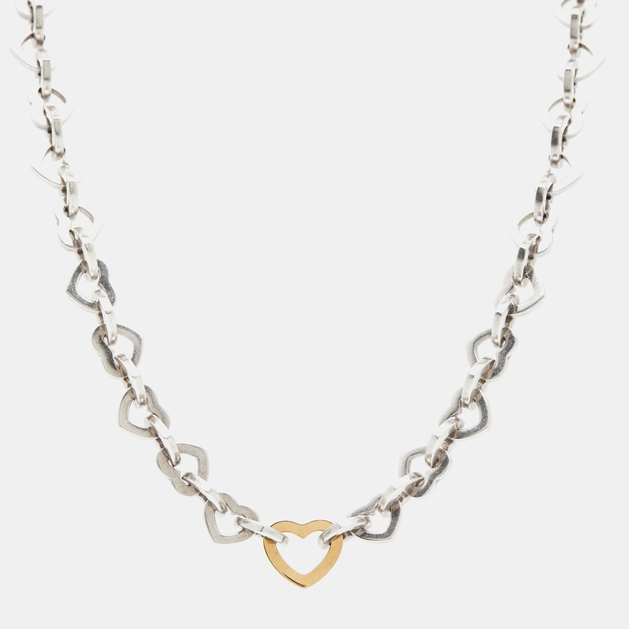 Contemporary Tiffany & Co. Heart Link Sterling Silver 18k Yellow Gold Necklace For Sale