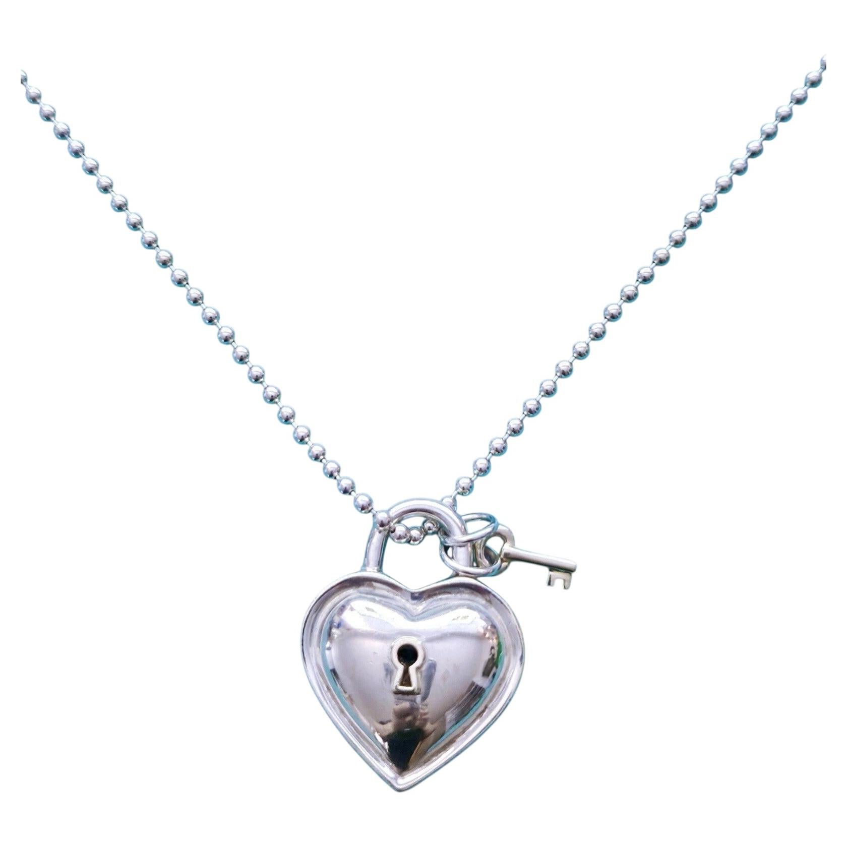 Tiffany & Co. Heart Padlock and Key Sterling Silver 18K Gold Pendant Necklace 19