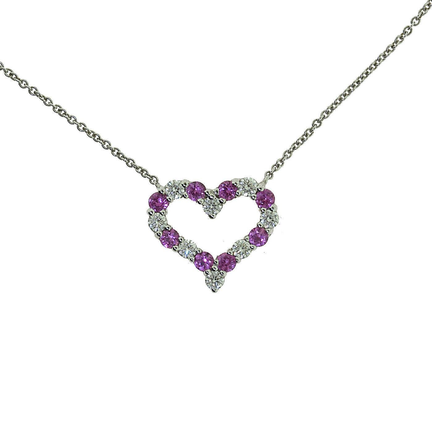 Round Cut Tiffany & Co. Heart Pendant with Pink Sapphires and Round Brilliant Diamonds For Sale