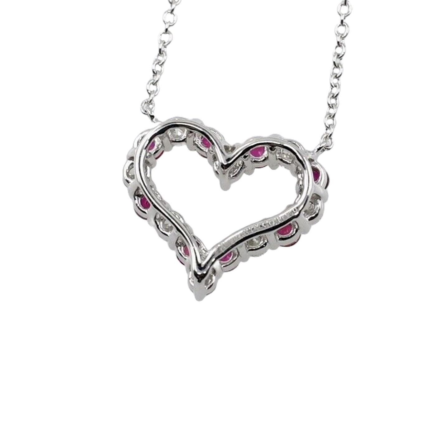 Round Cut Tiffany & Co Heart Ruby and Diamond Pendant Small Size in Platinum 16 Inches For Sale