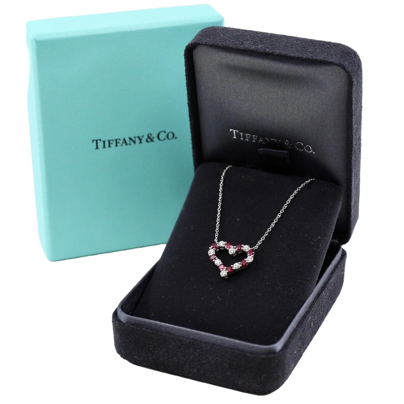 Tiffany & Co Heart Ruby and Diamond Pendant Small Size in Platinum 16 Inches For Sale 1