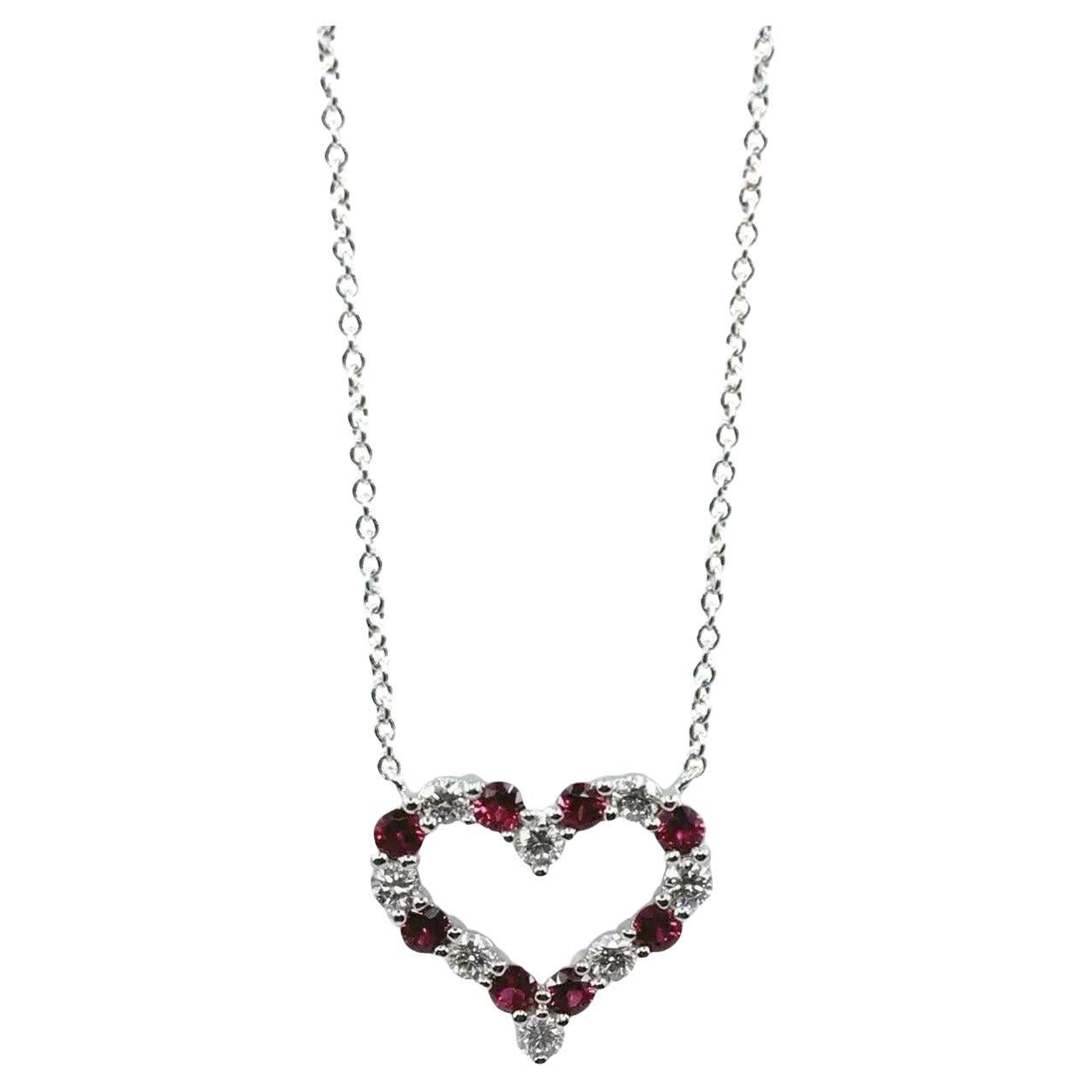Tiffany & Co Heart Ruby and Diamond Pendant Small Size in Platinum 16 Inches For Sale