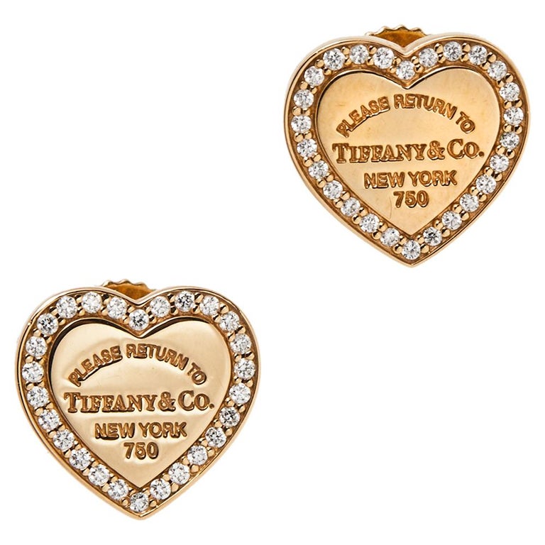 Tiffany and Co. Heart Tag Diamond 18K Rose Gold Stud Earrings at 1stDibs