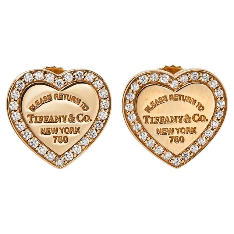 Tiffany and Co. Heart Tag Diamond 18K Rose Gold Stud Earrings at 1stDibs