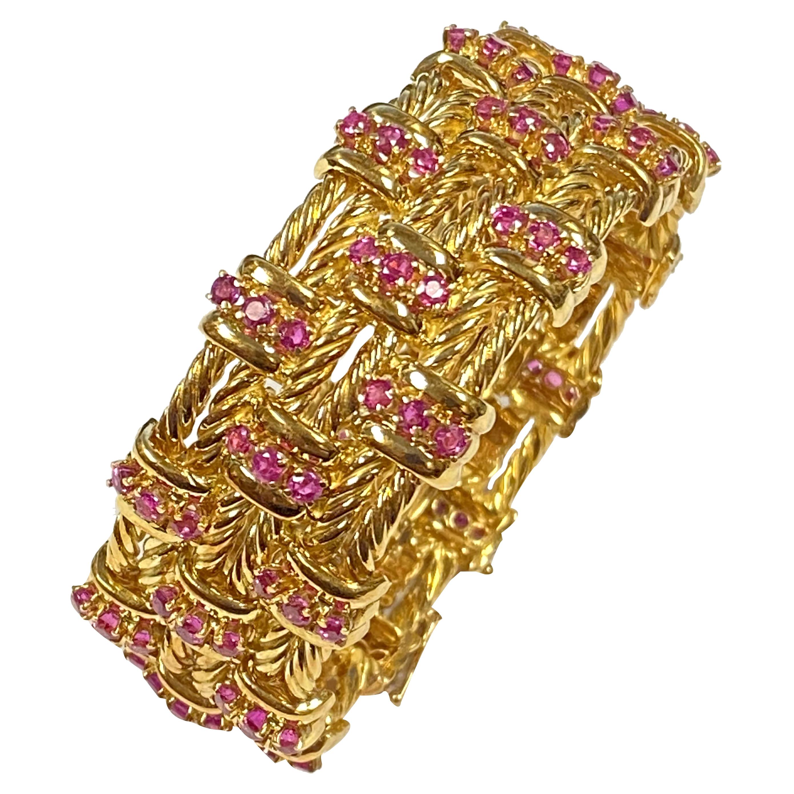 Tiffany & Co Heavy Gold and Rubies Set Wide Bracelet 