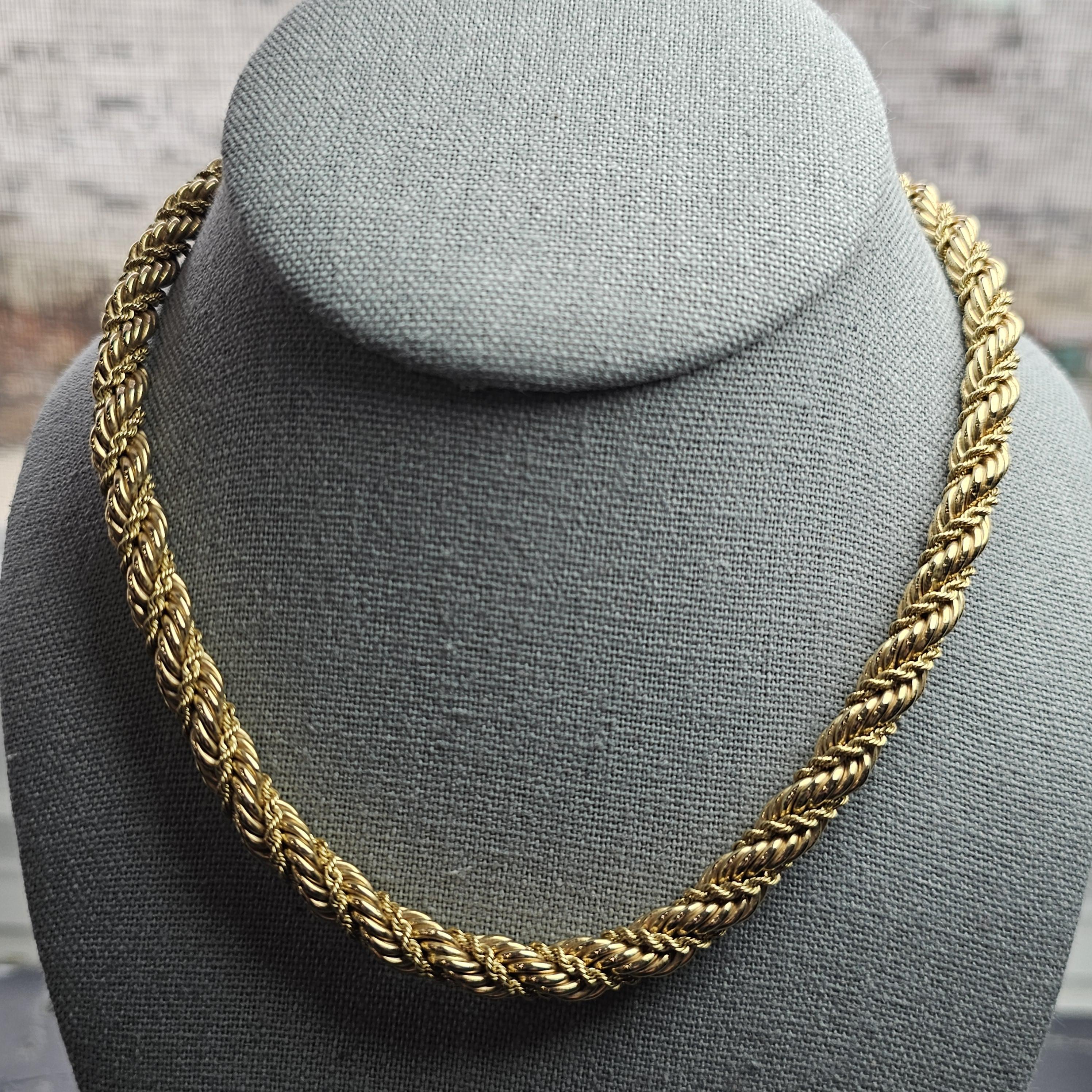 This Tiffany & Co. necklace is a remarkable piece of fine jewelry. Crafted in 14k yellow gold, it features a twisted rope design that exudes elegance. Measuring 16 inches in length and 0.25 inches in width, this necklace is a perfect choker