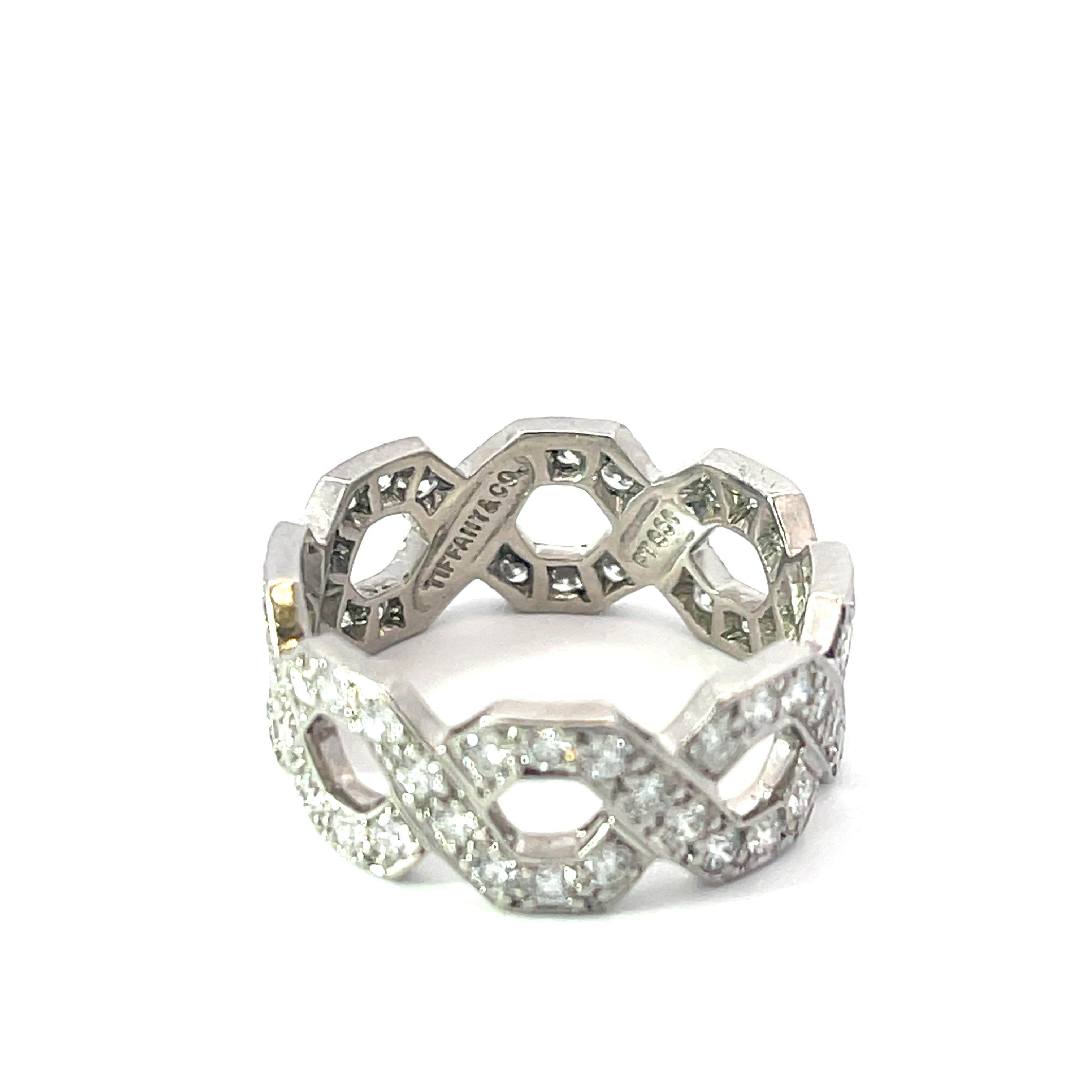 Tiffany & Co. Hexagon Diamond Ring in Platinum. The ring features 2.00ctw of brilliant round cut diamonds. The ring is size 7, 8mm wide, and weighs 6.4 grams.