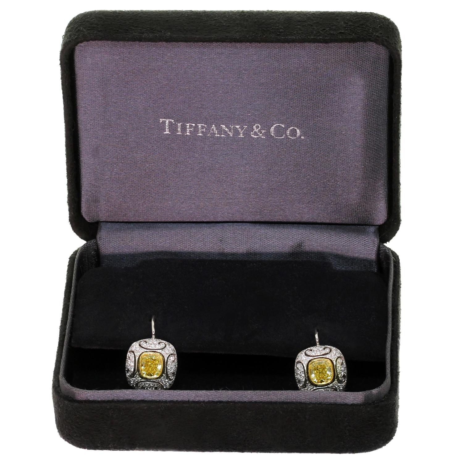 Tiffany & Co. High Jewelry Beset Fancy Yellow White Diamond Platinum Earrings In Excellent Condition In New York, NY