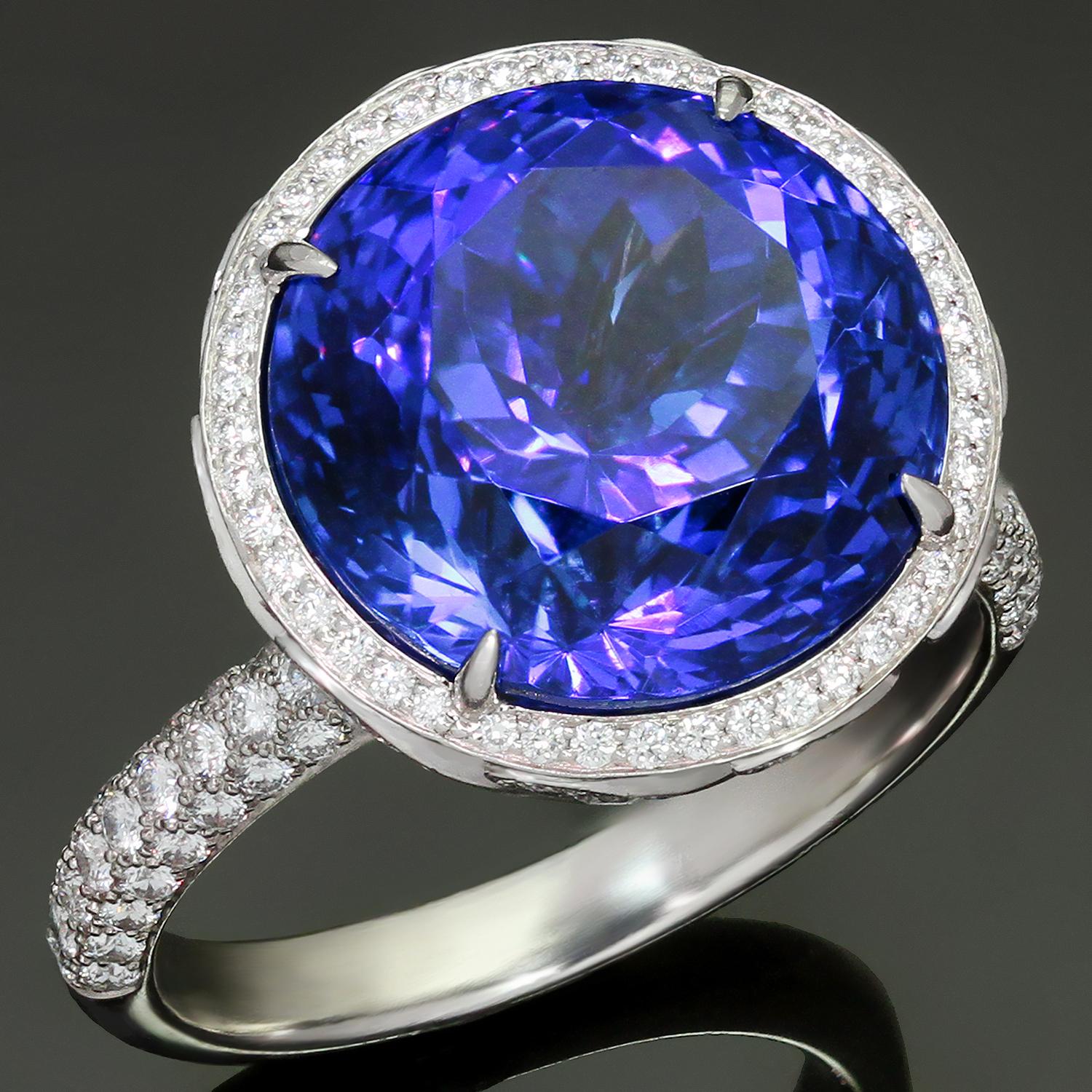 This fabulous cocktail ring from Tiffany's High Jewelry collection is crafted in platinum and set with a lively and sparkling tanzanite in intense blue violet color, weighing an estimated 11.87 carats, and accented with brilliant-cut diamonds
