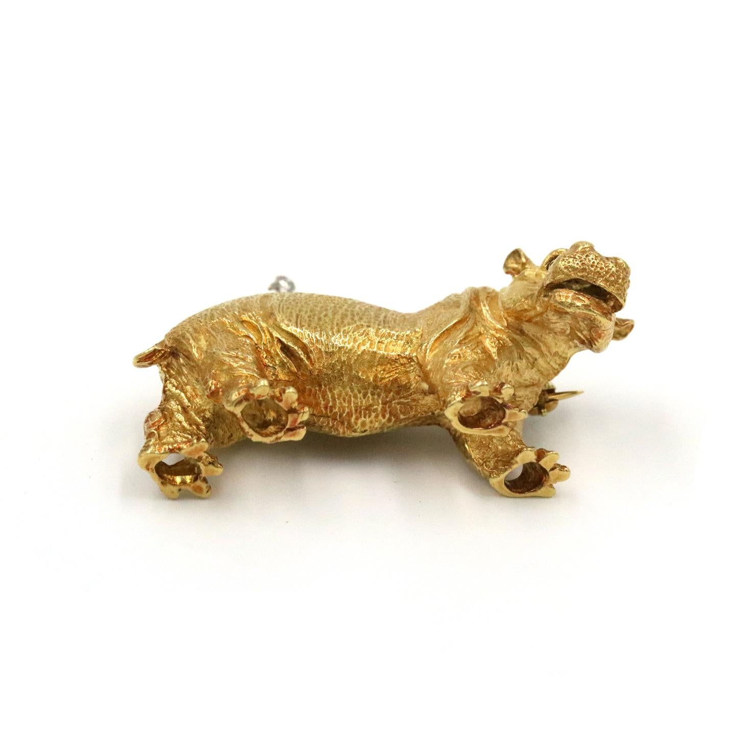 Round Cut Tiffany & Co. Hippopotamus Brooch in 18K Yellow Gold
